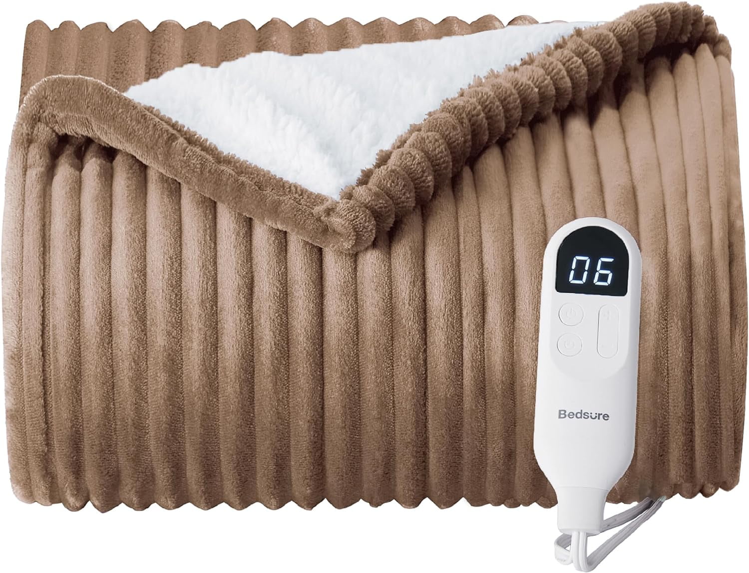 Cozy Comfort Electric Blanket Heated Throw - Soft Ribbed Flannel Heated Blanket, Fast Heating Electric Throw with 6 Heating Levels & 4 Time Settings, 3 Hours Auto-Off (50x60 inches, Brown)