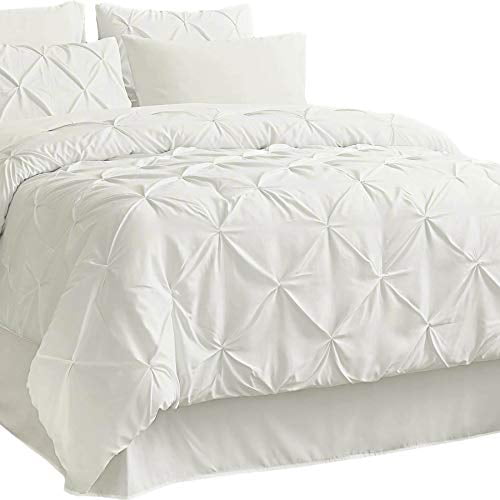 Cozy Comfort 8 Pieces Pinch Pleat Queen Size Bed Comforters Sheets Pillowcases Shams Kids Bedding Set Ivory