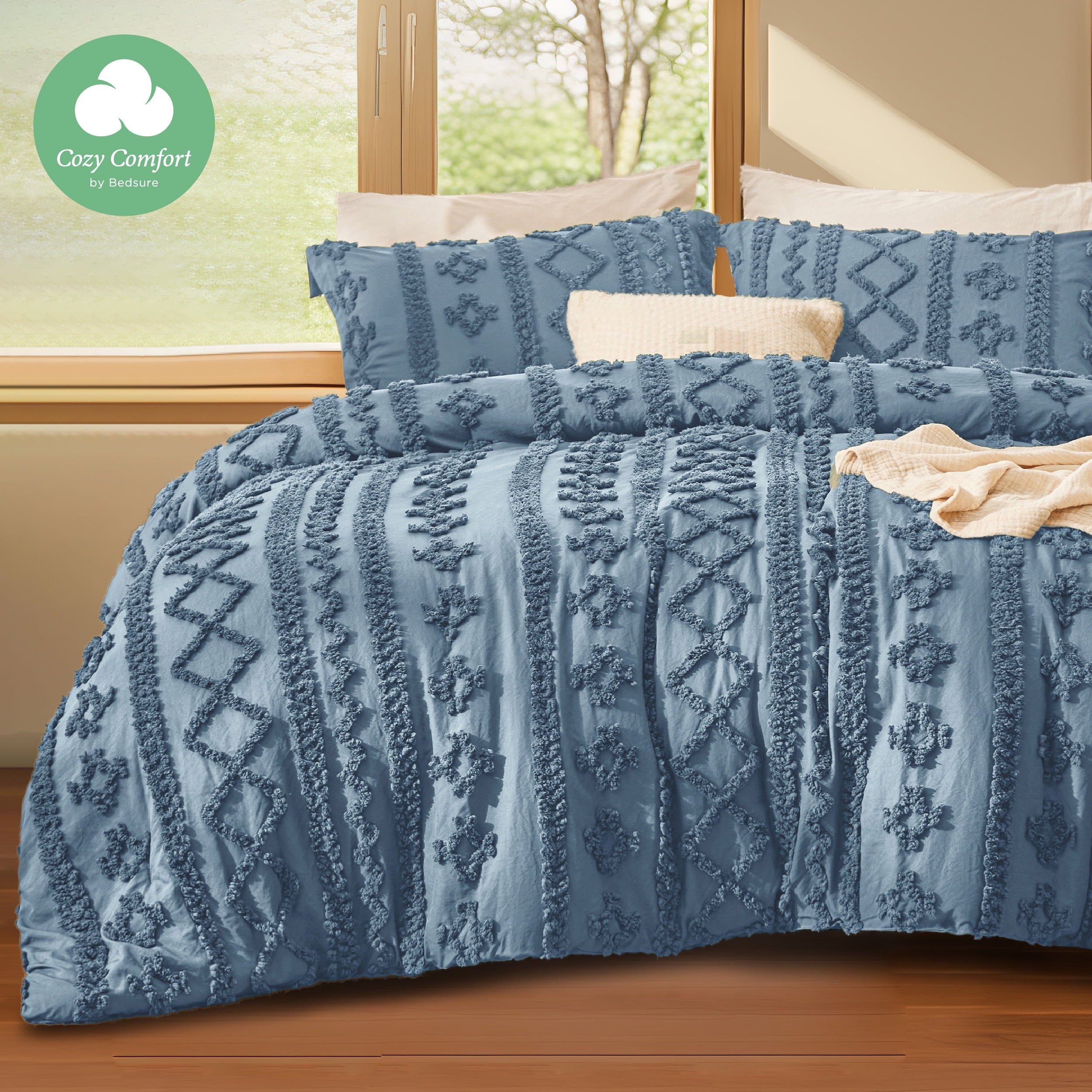 U by Bedsure Tufted Boho Comforter Set 2 Pieces Farmhouse Shabby Chic Embroidery Bed Set Soft Jacquard Comforter for All Seasons Twin Grey Blue