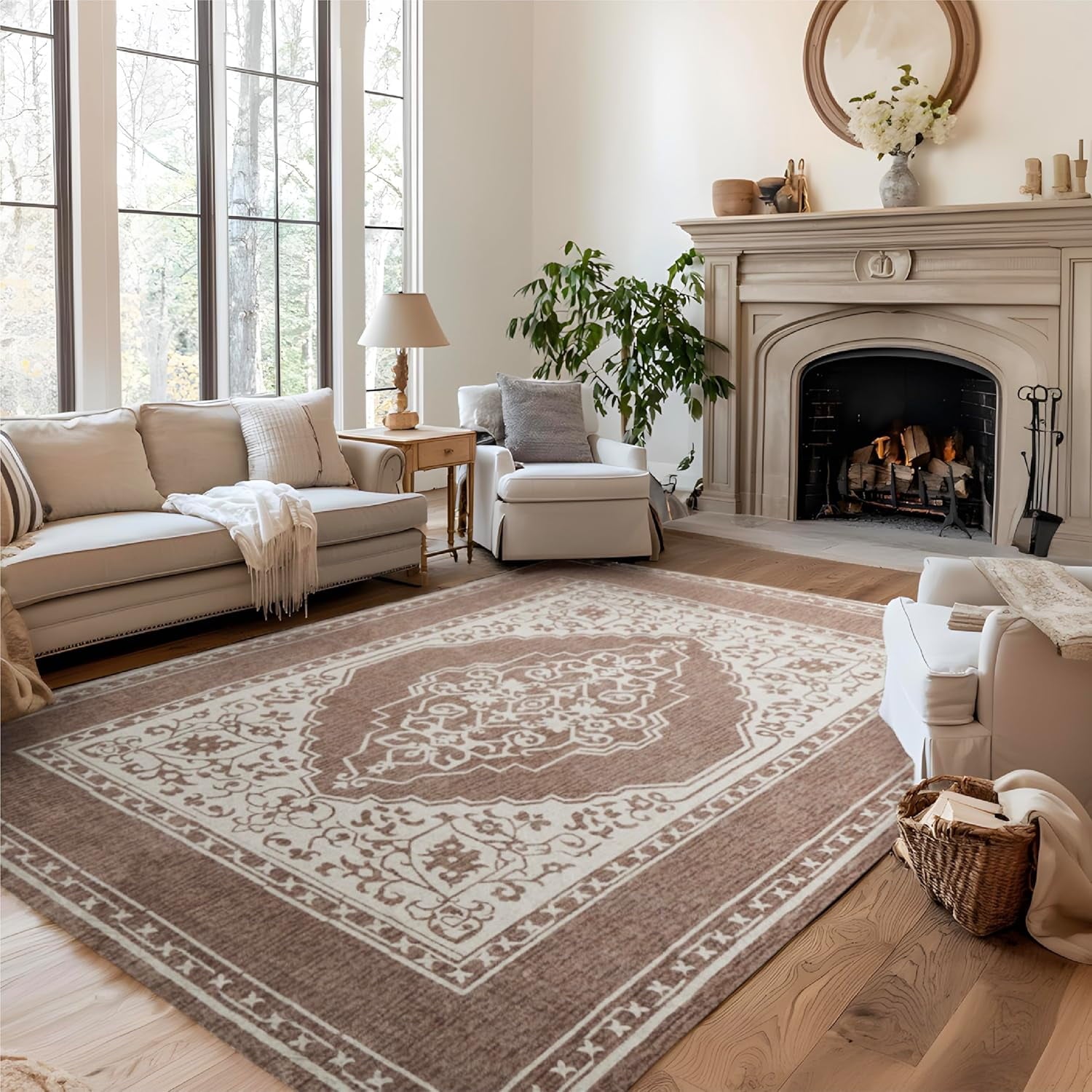 Cozy Comfort 5x7 Area Rugs for Living Room, Machine Washable Rugs, Vintage Rug, Non-Slip Backing, Non-Shedding, Low Pile Easy Care Throw Rugs for Bedroom Dining Room, Brown