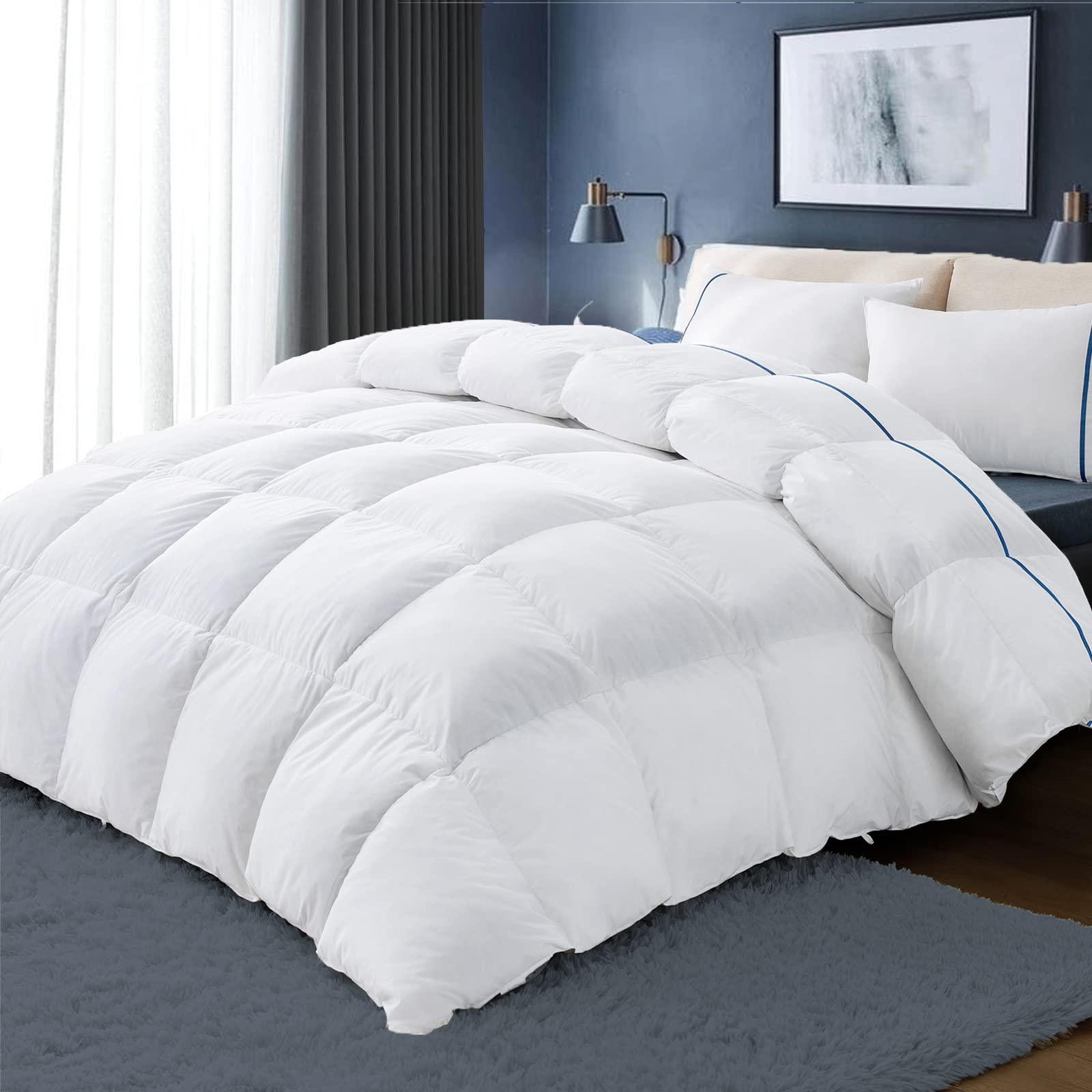 Bedsure Goose Feather Down Comforter Queen Size - All Season Duvet Insert with 8 Corner Tabs 100% Cotton Fabric Machine Washable 90x90 53 Oz