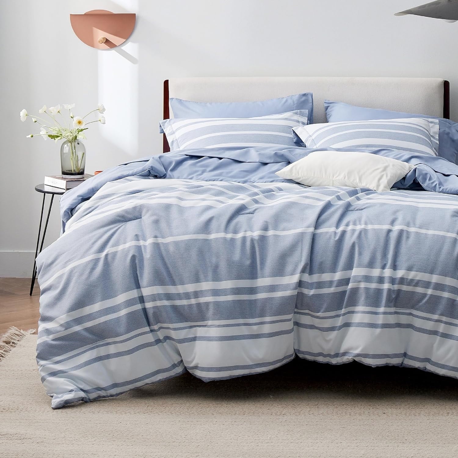U by Bedsure King Comforter Set 7 Pieces White Blue Striped King Bedding Set All Season Bed Set Bed in a Bag King with Comforter Sheets Pillowcases Shams