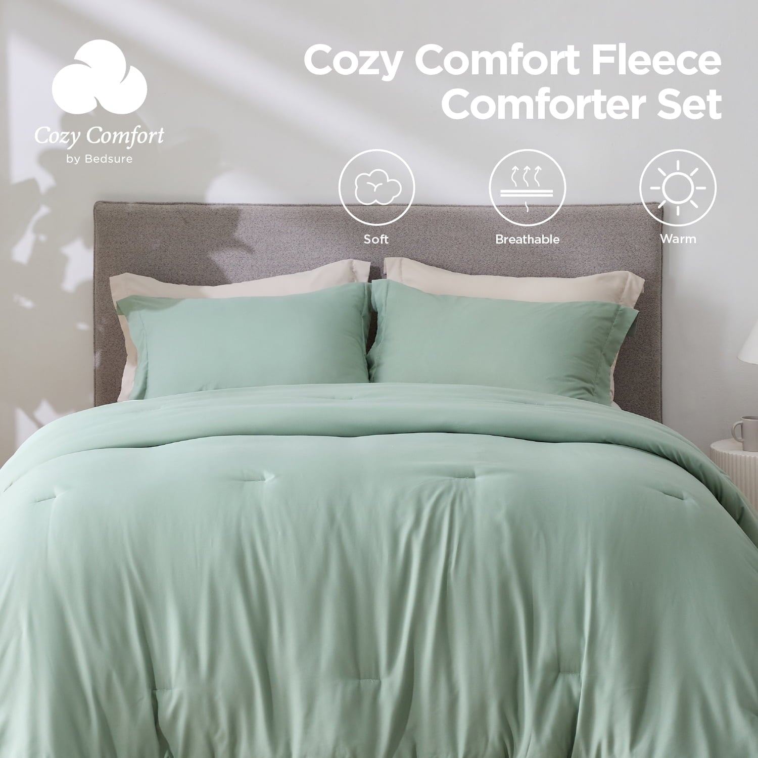 Cozy Comfort 3-Piece Sage Green Solid Print Queen Comforter Set, 1 Comforter And 2 Pillowcases
