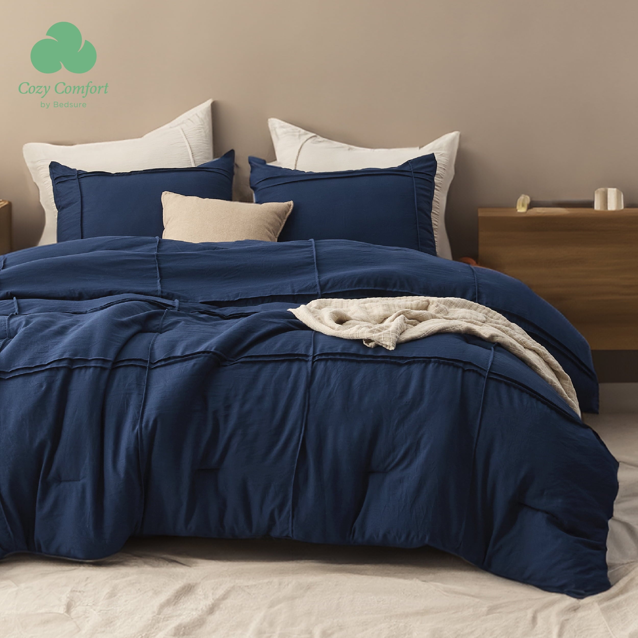 Cozy Comfort by Bedsure California King Comforter Set with Sheet - 4 Pieces Soft Navy Blue Bedding Sets, Grid Pinch Pleat, All Season Lightweight Fluffy Bed Set with Solid Boho Comforter, Pillowcases & Sheet