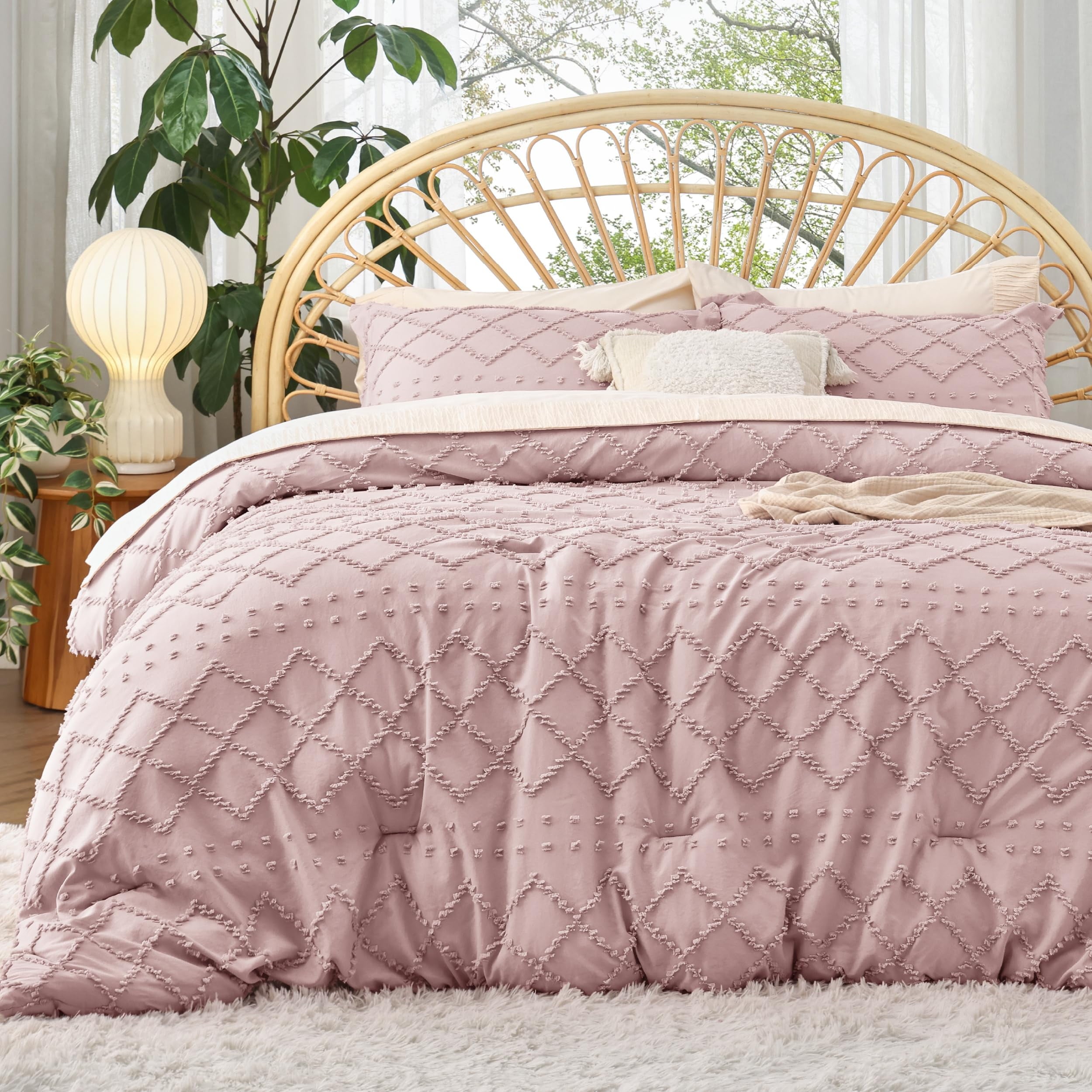 Cozy Comfort Comforter Set, Boho Tufted Shabby Chic Bedding Comforter Set, 2 Pieces Vintage Farmhouse Bed Set for All Seasons, Soft Bedding Set with 1 Pillow Sham,Twin,Adobe Rose