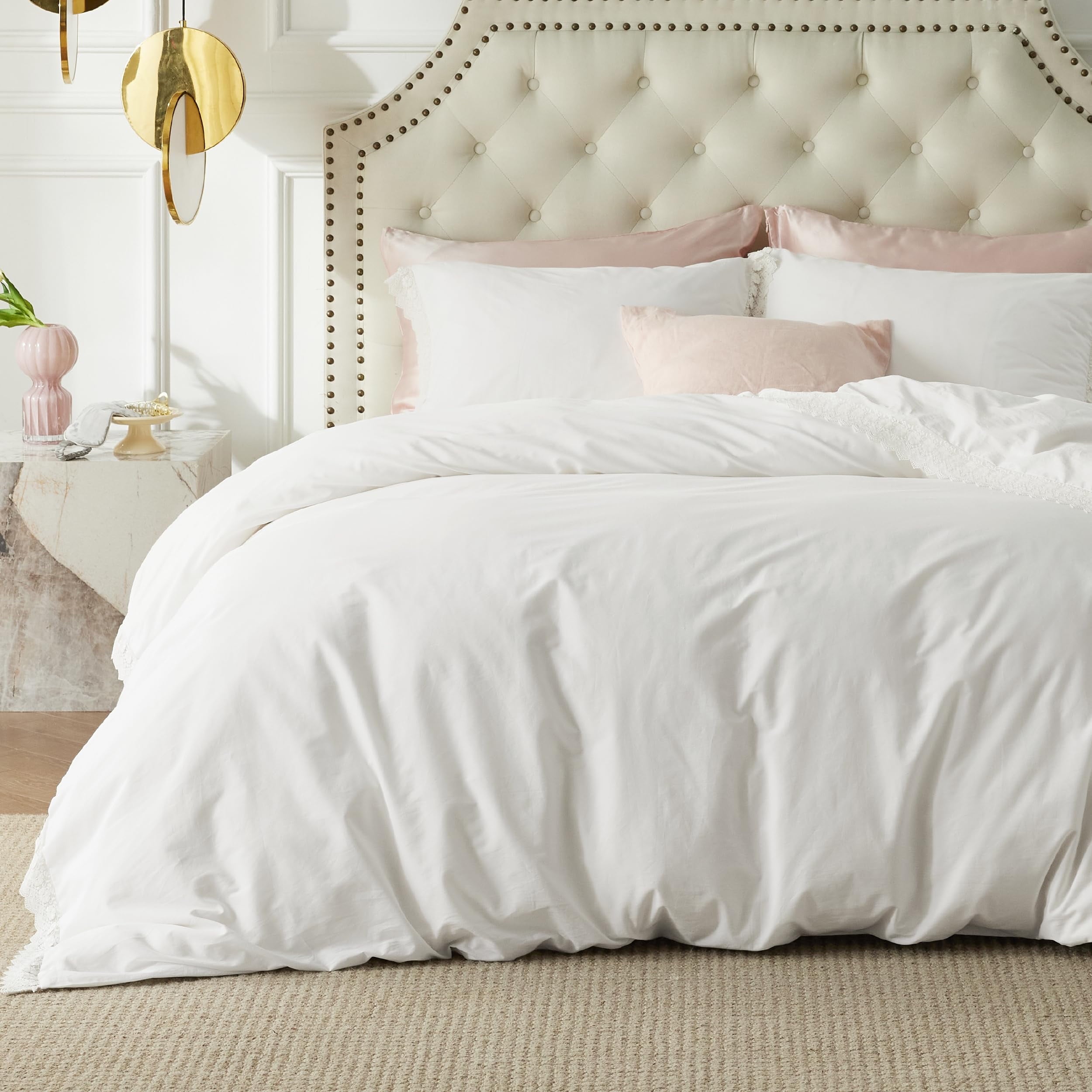 Cozy Comfort Cotton Duvet Cover King Size  Chic Lace Duvet Cover Set Soft and Breathable Comforter Cover Boho Bedding for All Seasons (White King 104 x90 )