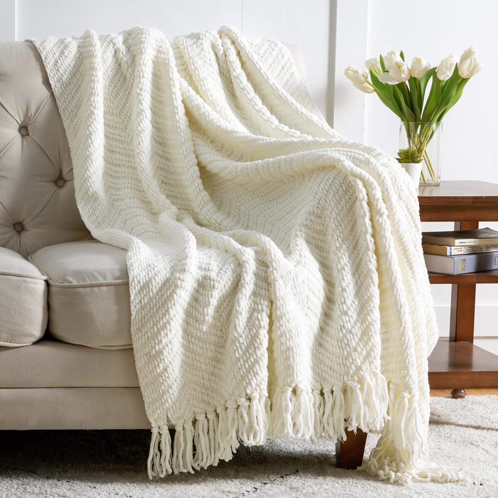 Bedsure White Throw Blankets for Couch Textured Knit Woven Blanket 50x60 Inch - Super Soft Warm Decorative Blanket with Tassels for Couch Bed Sofa and Living Room