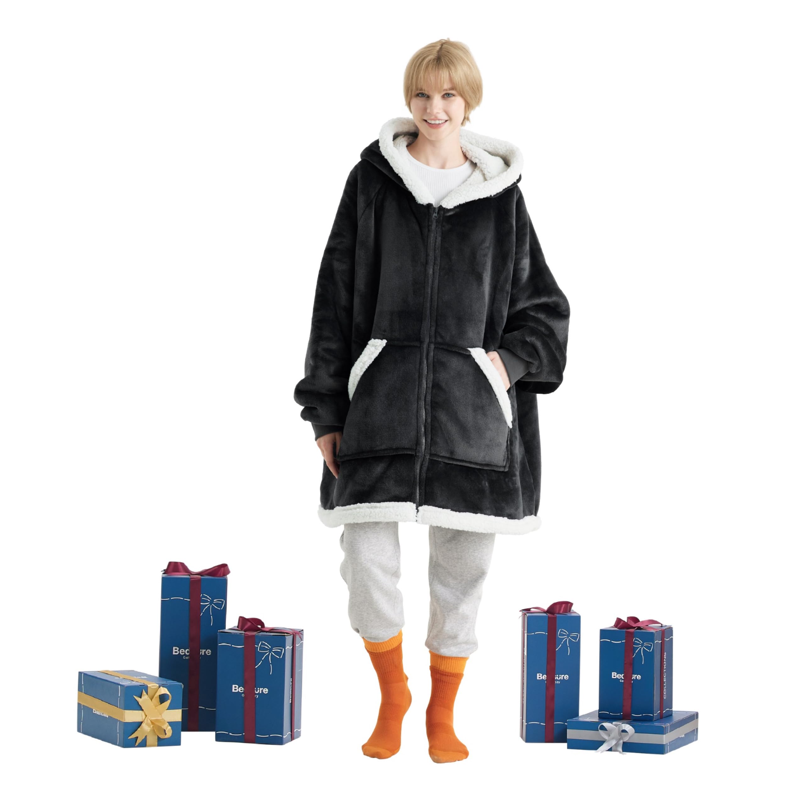 Bedsure Wearable Blanket Hoodie with Zipper - Sherpa Hooded Blanket Jacket as Warm Gifts for Girlfriend Mom Women Men in Winter Zip up Sweatshirt Blanket with Sleeves with Giant Pocket Grey Black