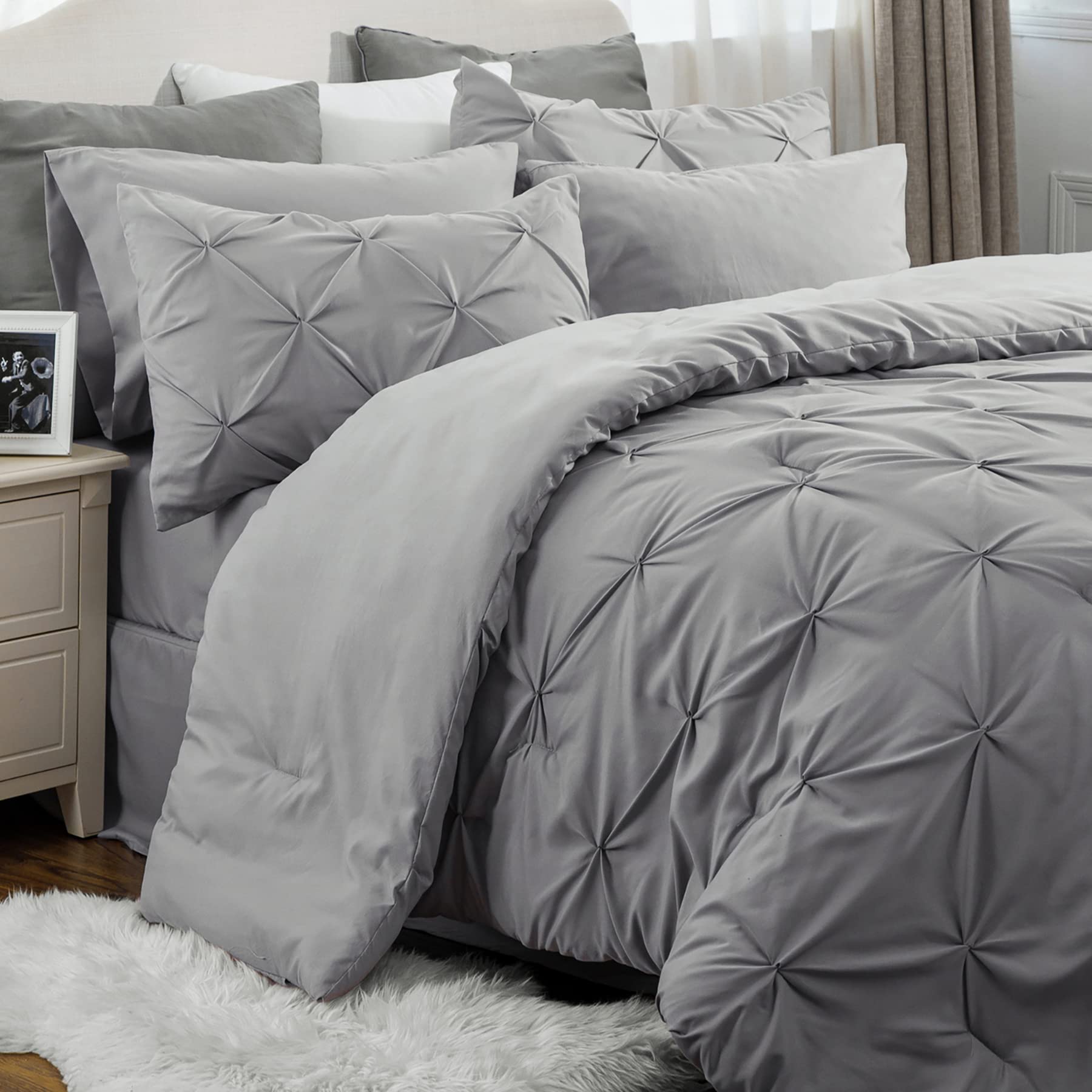 Bedsure Queen Comforter Set - Bed in a Bag Queen 7 Pieces Pintuck Bedding Sets Grey Bed Set with Comforter Sheets Pillowcases & Shams