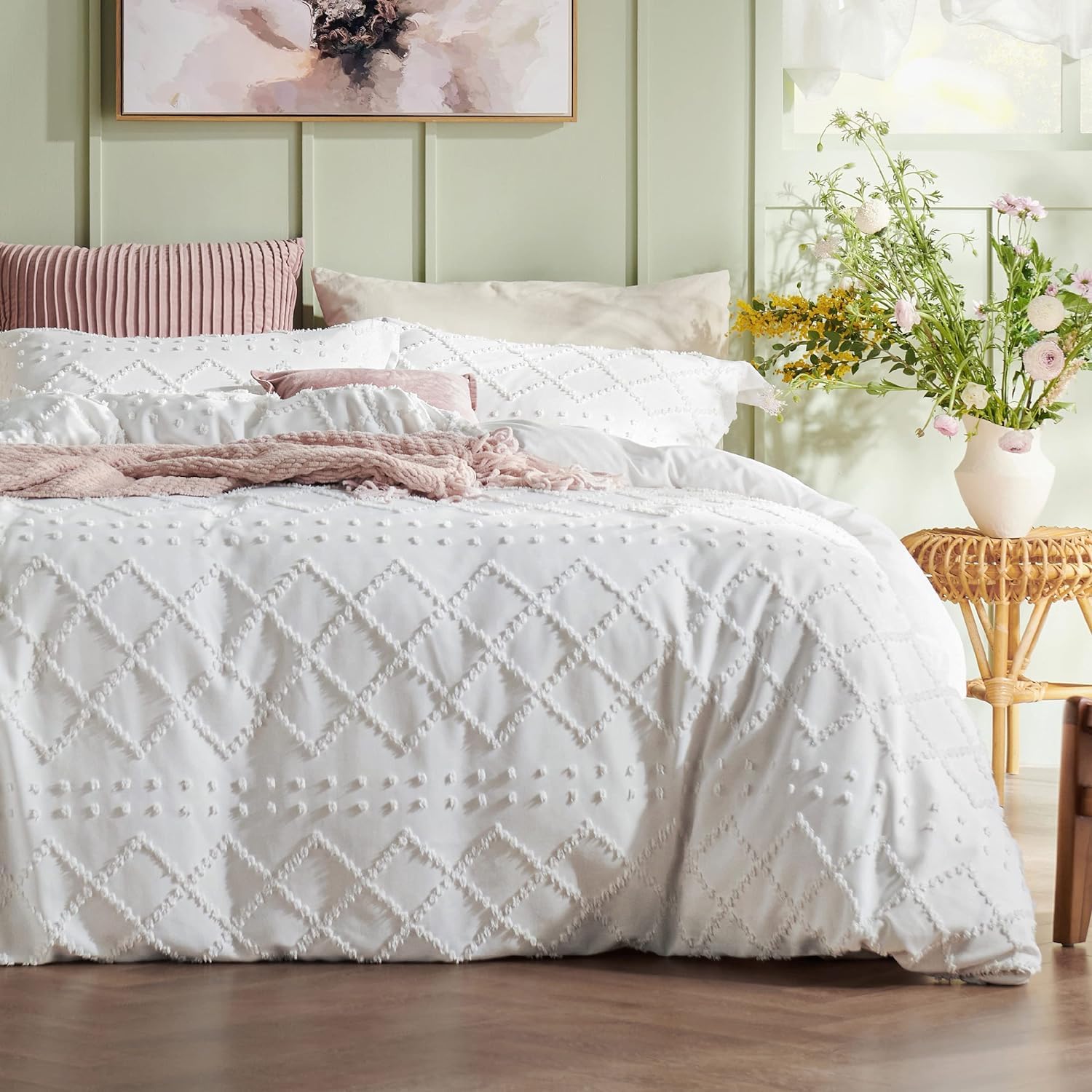 Bedsure Boho Duvet Cover Queen - Boho Bedding Tufted Queen Duvet Cover for All Seasons 3 Pieces Embroidery Shabby Chic Home Bedding Duvet Cover White Queen 90x90