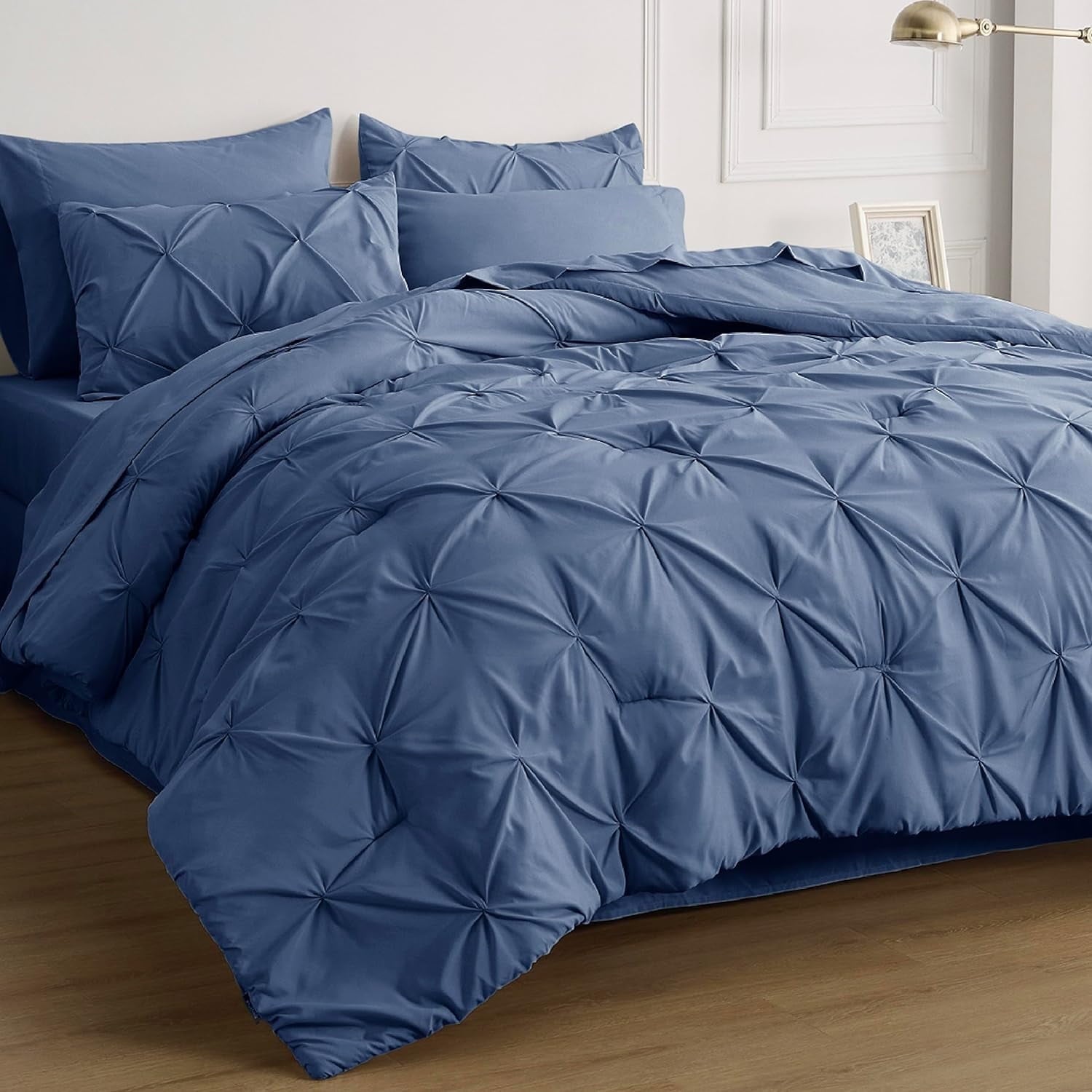 Cozy Comfort Cal King Comforter Set Slate Blue  7 Pieces Pintuck Bed in A Bag Bed Set with Comforters Sheets Pillowcases Shams