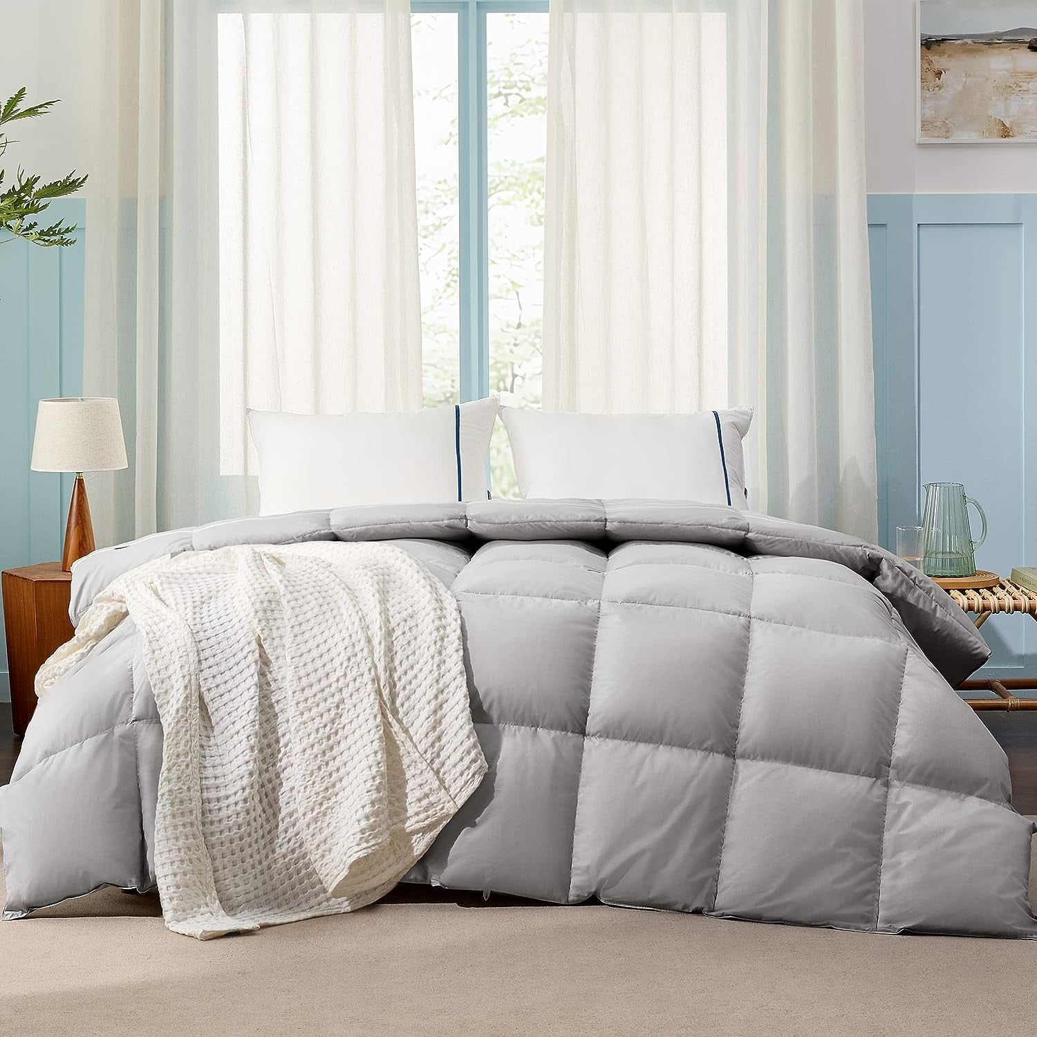 Bedsure Goose Feather Down Comforter King Size  Medium Weight Down Duvet Insert for All Seasons 106x90 Inches Grey