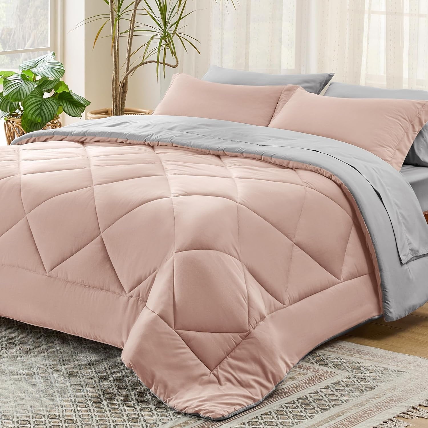 Cozy Comfort Blush Pink Queen Comforter Set - 7 Pieces Reversible Queen Bed in a Bag Queen Bed Set with Comforters, Sheets, Pillowcases & Shams, Queen Bedding Sets