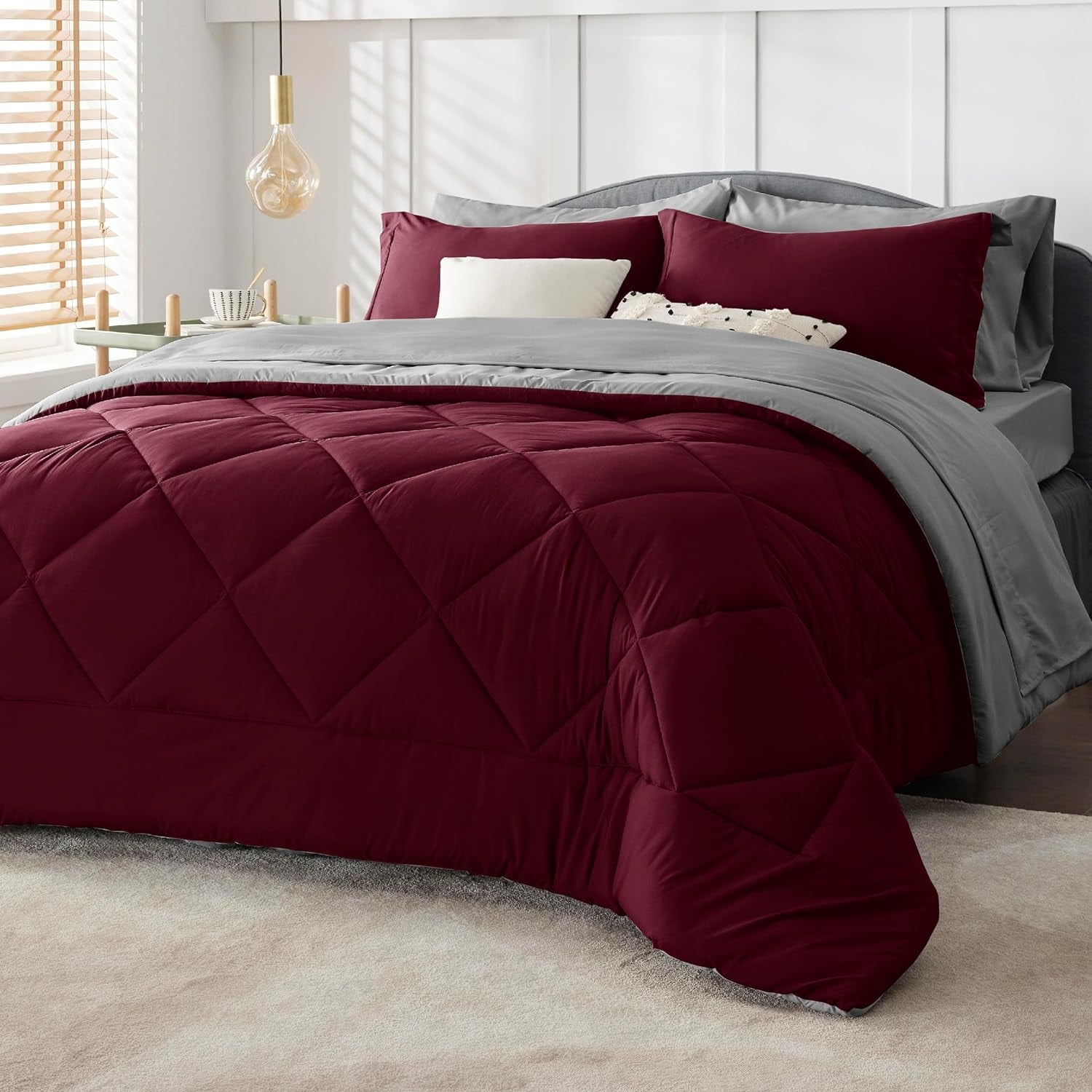 Cozy Comfort Burgundy 7 Piece Reversible Comforter Set - Bed in a Bag with Comforters, Sheets, Pillowcases & Shams