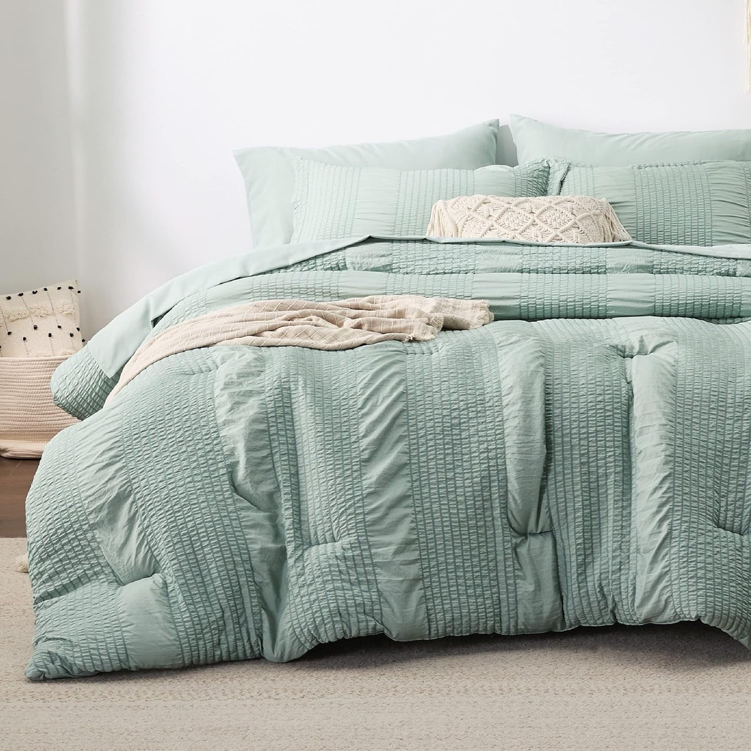 Cozy Comfort Bed in a Bag- Full Size Comforter Set 7 Pieces Stripes Seersucker Bedding Set, Soft Lightweight Down Alternative Comforter, Full Bed Set (Sage Green, Full 86 x 82 Inch)
