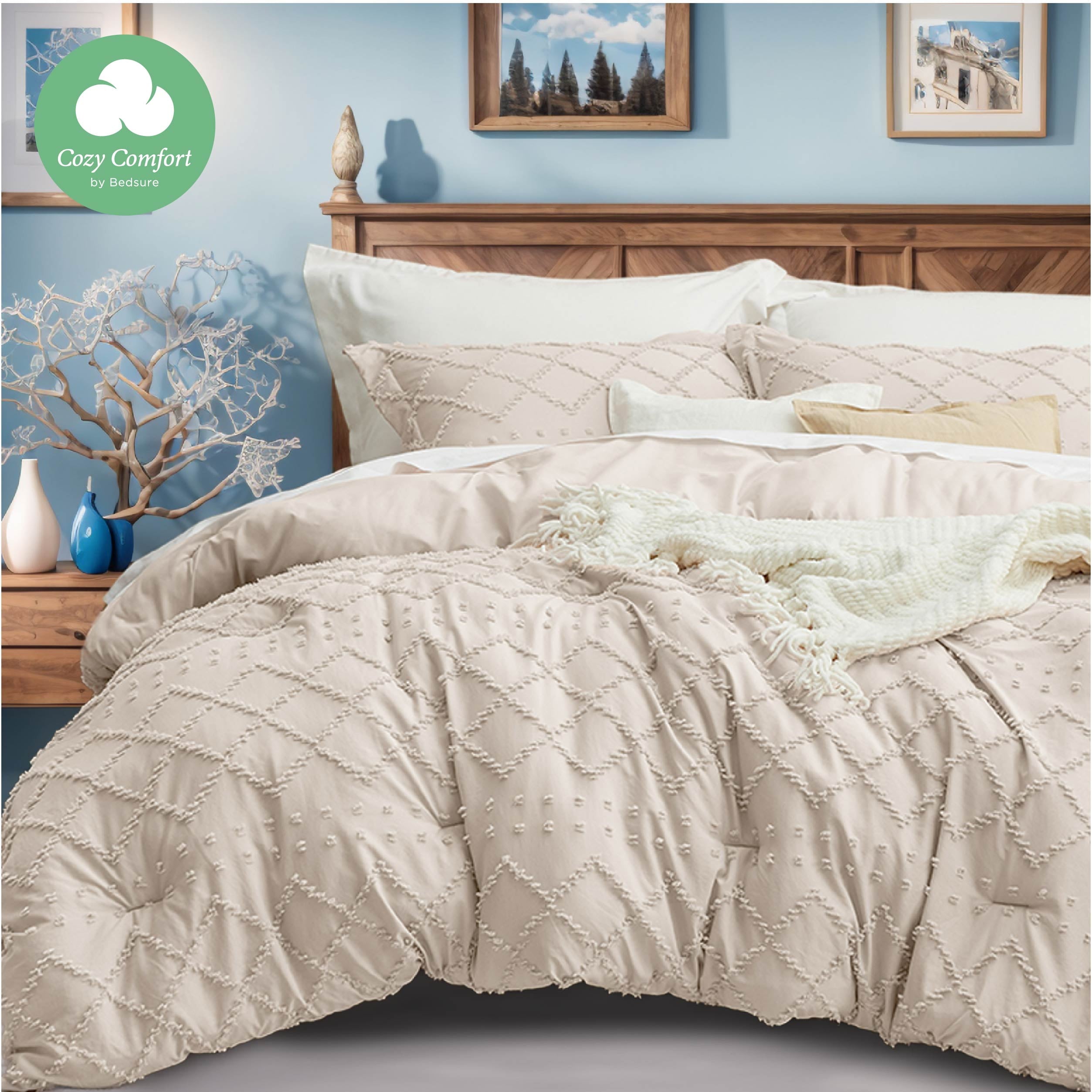 Cozy Comfort Comforter Set Boho Tufted Shabby Chic Bedding Comforter Set 3 Pieces Vintage Farmhouse Bed Set for All Seasons Soft Bedding Set with 2 Pillow Shams Queen Oat Milk