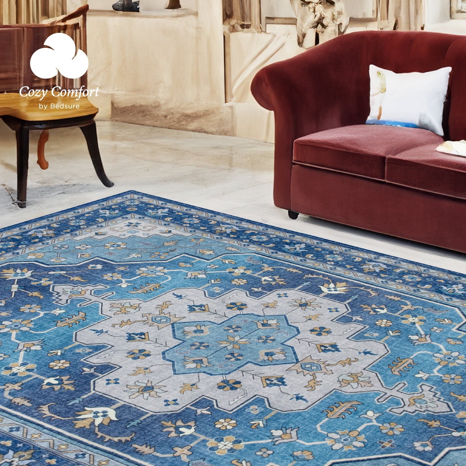 Cozy Comfort 8x10 Area Rugs for Living Room, Machine Washable Rugs, Vintage Rug, Non-Slip Backing, Non-Shedding, Low Pile Easy Care Throw Rugs for Bedroom Dining Room, Blue