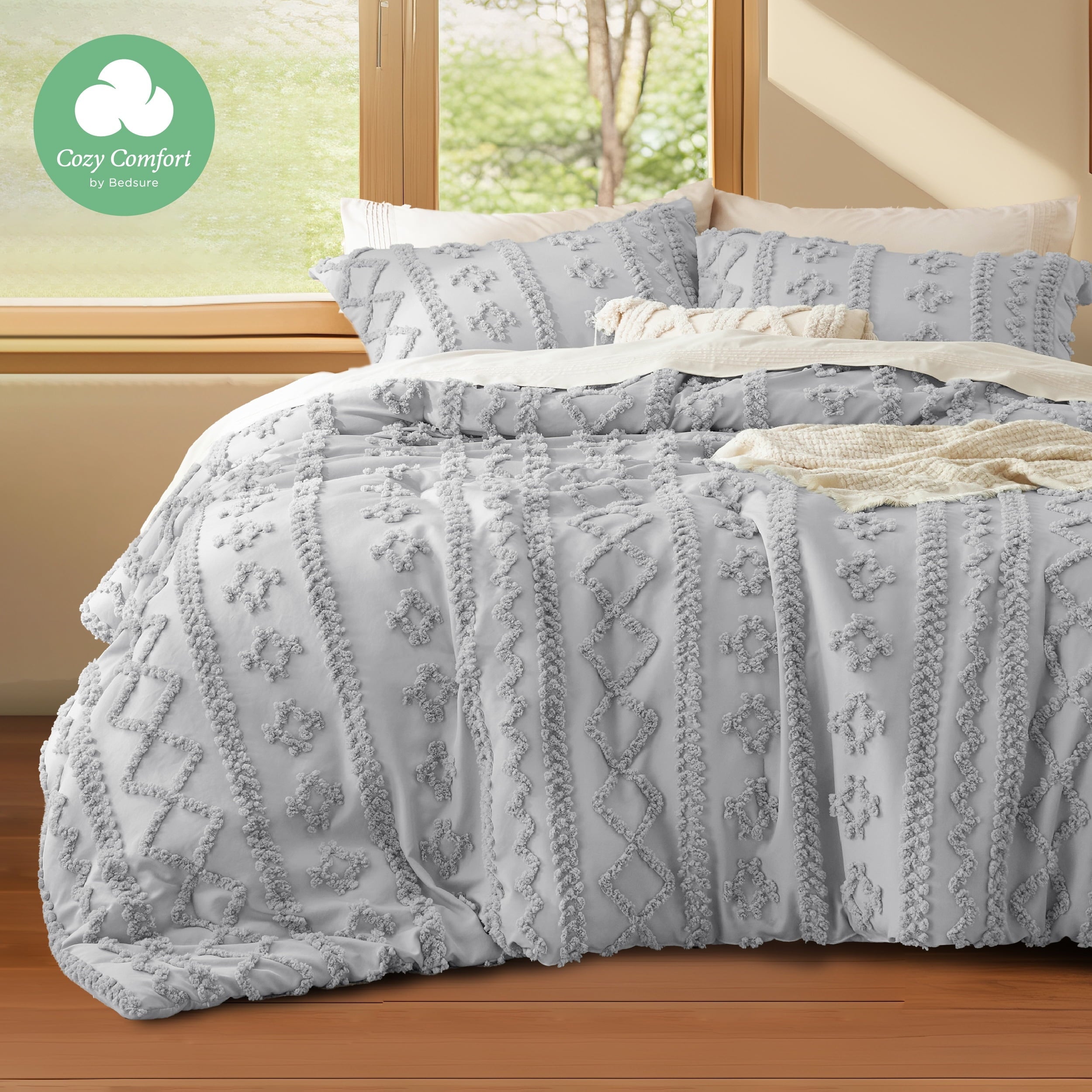 U by Bedsure Tufted Boho Comforter Set 2 Pieces Farmhouse Shabby Chic Embroidery Bed Set Soft Jacquard Comforter for All Seasons Twin Oyster Mushroom