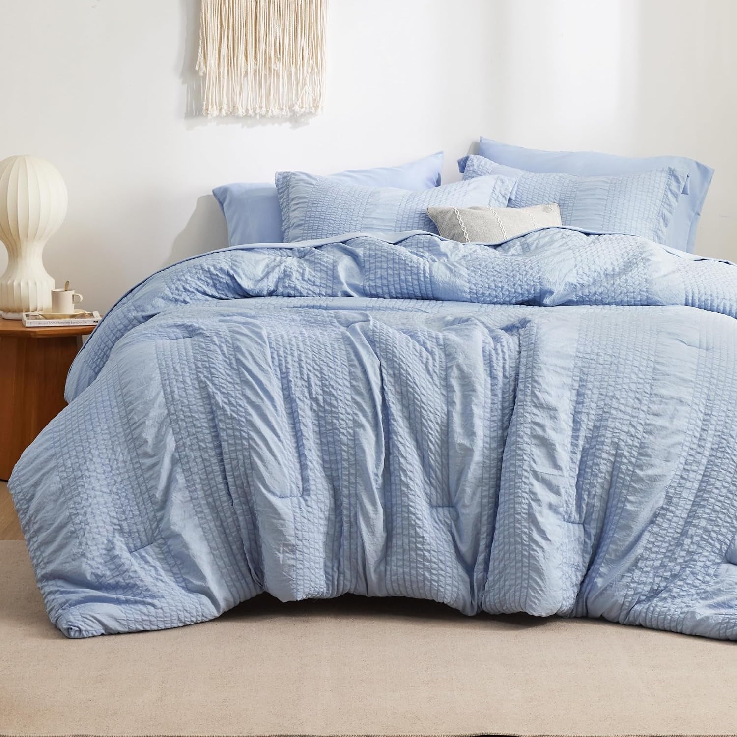 Cozy Comfort Bed in a Bag Queen - Queen Comforter Set 7 Piece Stripes Seersucker Bedding Set, Soft Lightweight Down Alternative Comforter Queen Bed Set(Light Blue,Queen 90 x 90 inch)