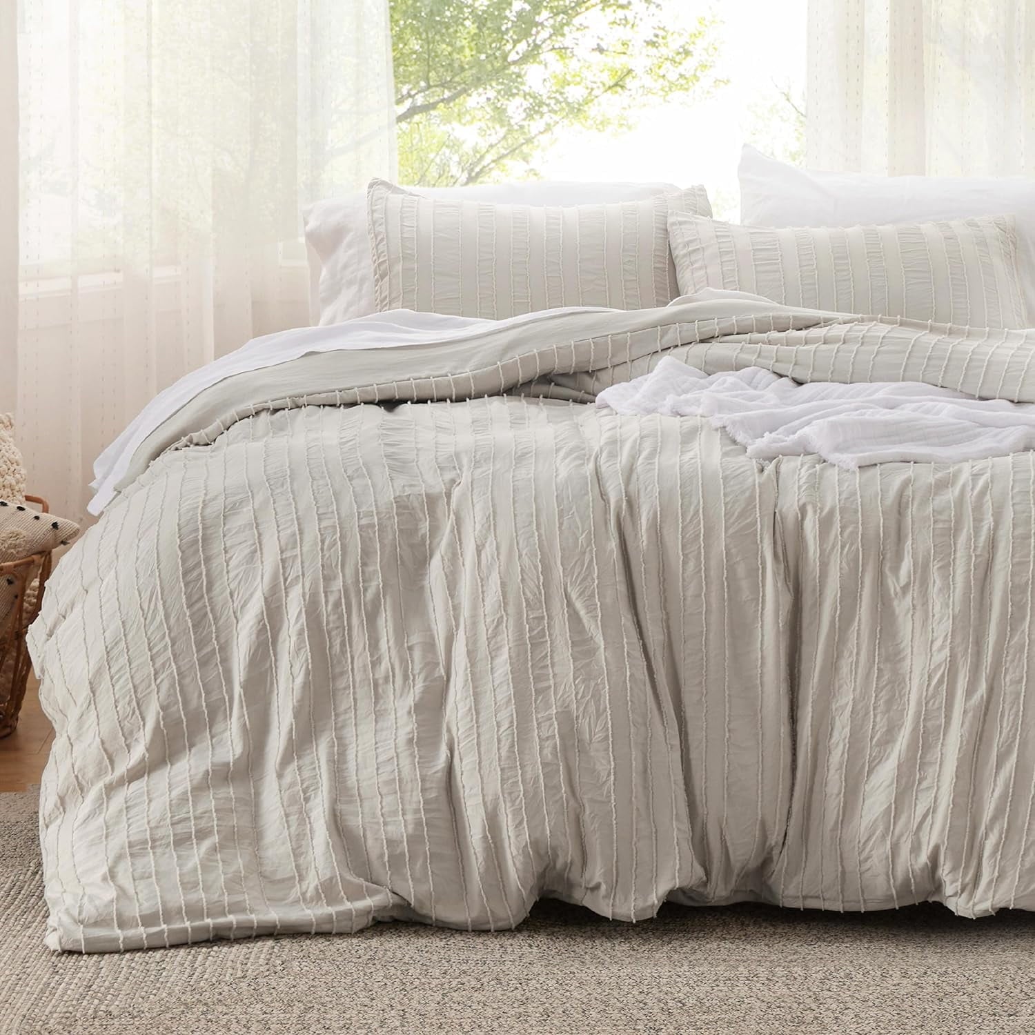 Cozy Comfort Boho Comforter Set Twin - Linen Color Tufted, 2 Pieces Farmhouse Shabby Chic Embroidery Bed Set, Striped Pattern Comforter for All Seasons