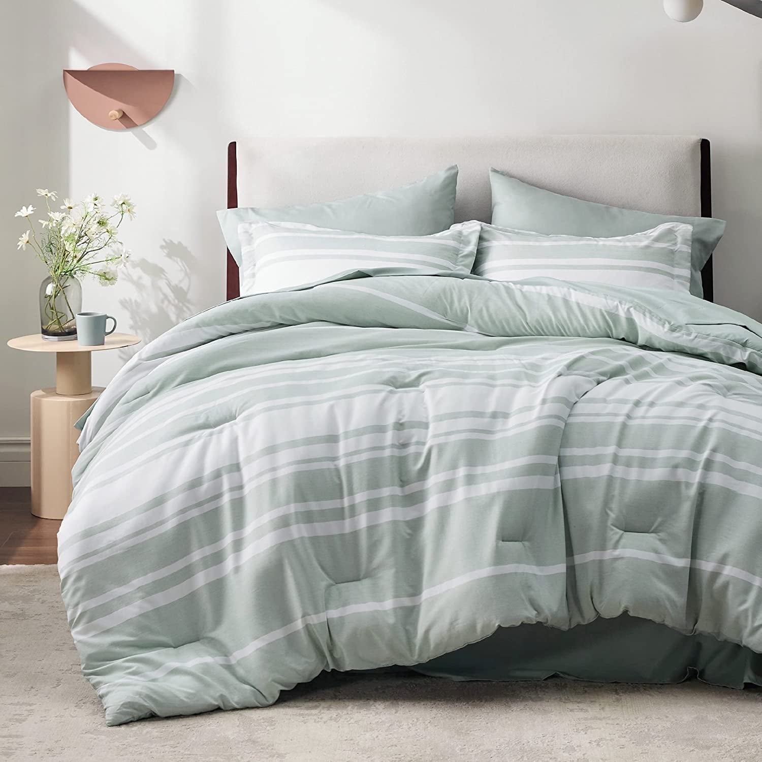 Cozy Comfort Bed in a Bag Queen Size 7 Pieces, Sage Green White Striped Bedding Comforter Sets All Season Bed Set, 2 Pillow Shams, Flat Sheet, Fitted Sheet and 2 Pillowcases