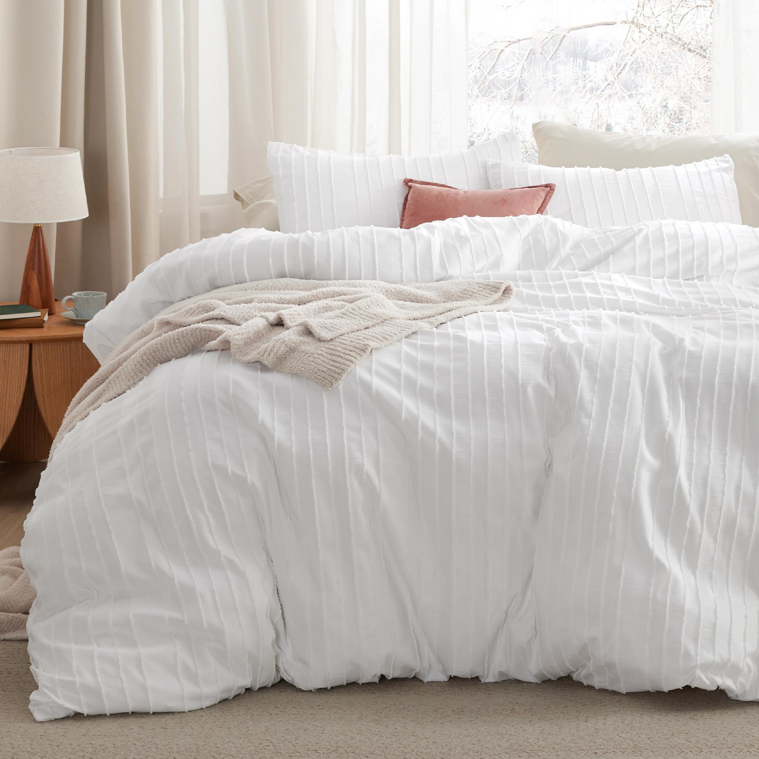 Bedsure Striped Tufted Duvet Cover Queen - Shabby Chic Duvet Cover 3pcs All-Season Size Boho Bedding for All Seasons Includes 1 Queen Duvet Cover & 2 Pillowcases White Queen 90x90