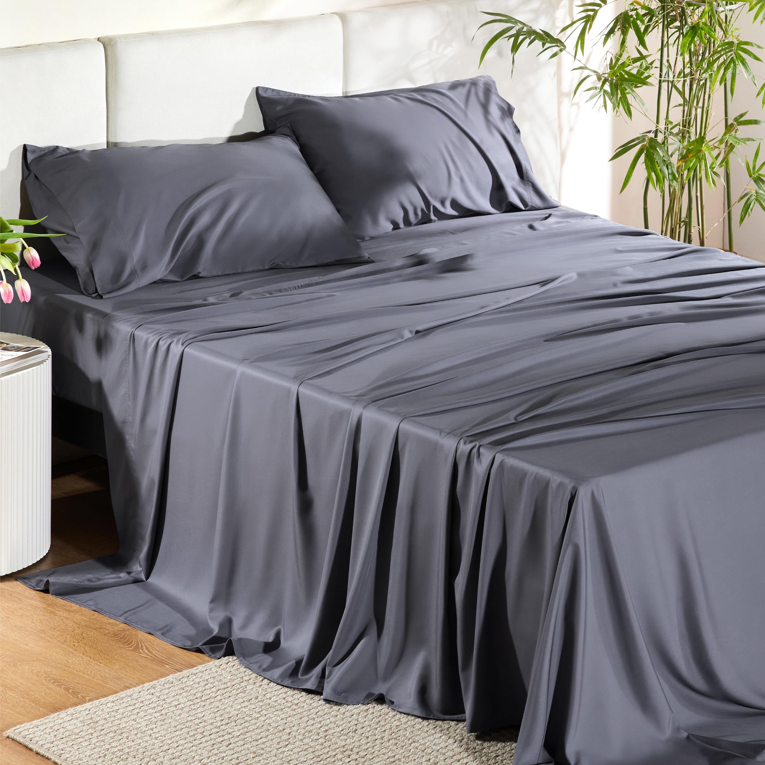 Bedsure Queen Sheet Set Cooling Sheets for Queen Size Bed Set Rayon Derived from Bamboo Breathable & Soft Deep Pocket Up to 16 Hotel Luxury Silky Bedding Sheets & Pillowcases Dark Grey