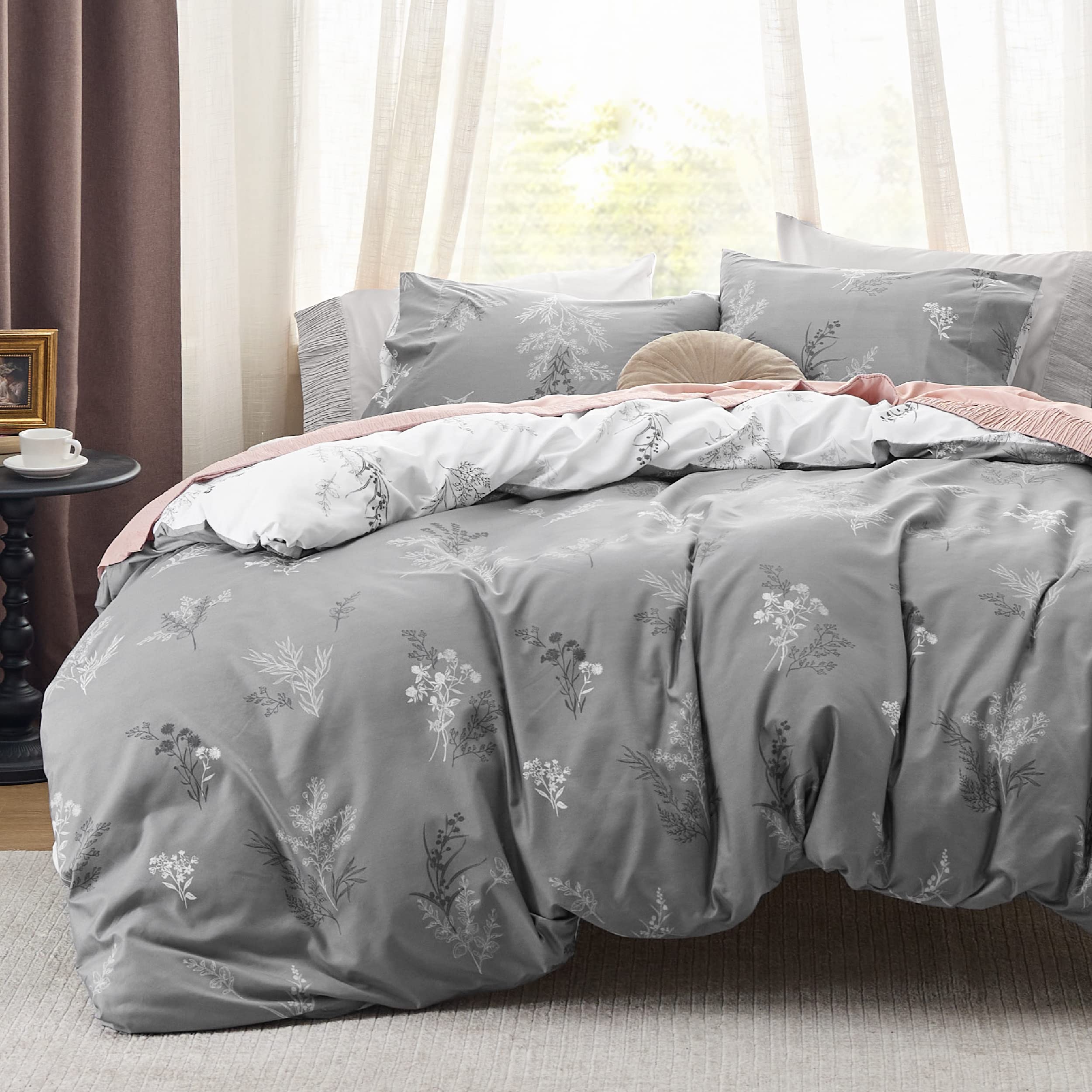 Bedsure Duvet Cover King Size - Reversible Floral Duvet Cover Set with Zipper Closure Grey Bedding Set 3 Pieces 1 Duvet Cover 104x90 with 8 Corner Ties and 2 Pillowcases 20x36