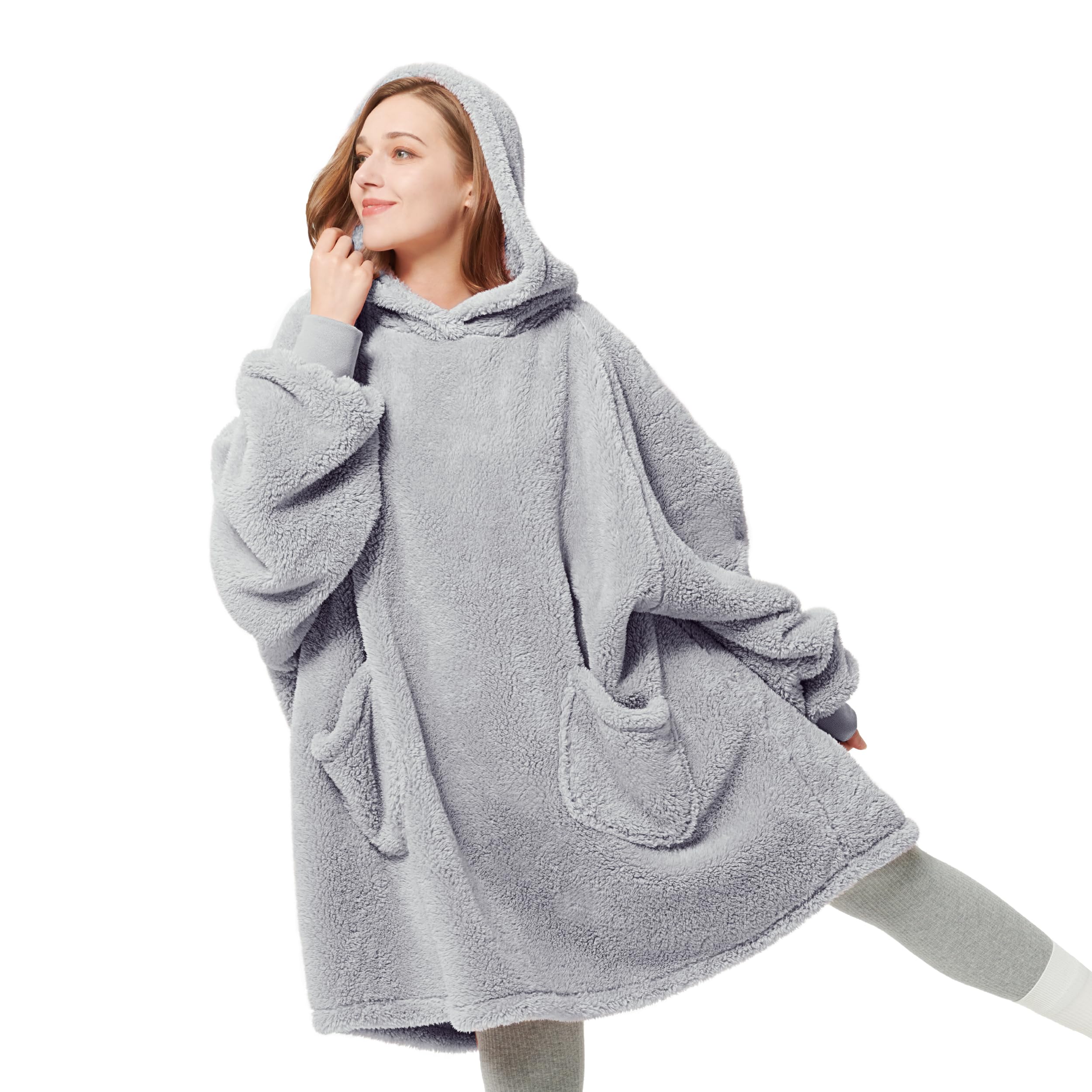 Bedsure Wearable Blanket Hoodie Gifts for Women - Cozy Sherpa Hoodie Blanket for Adult Men Warm Hooded Blanket Sweatshirt Grey