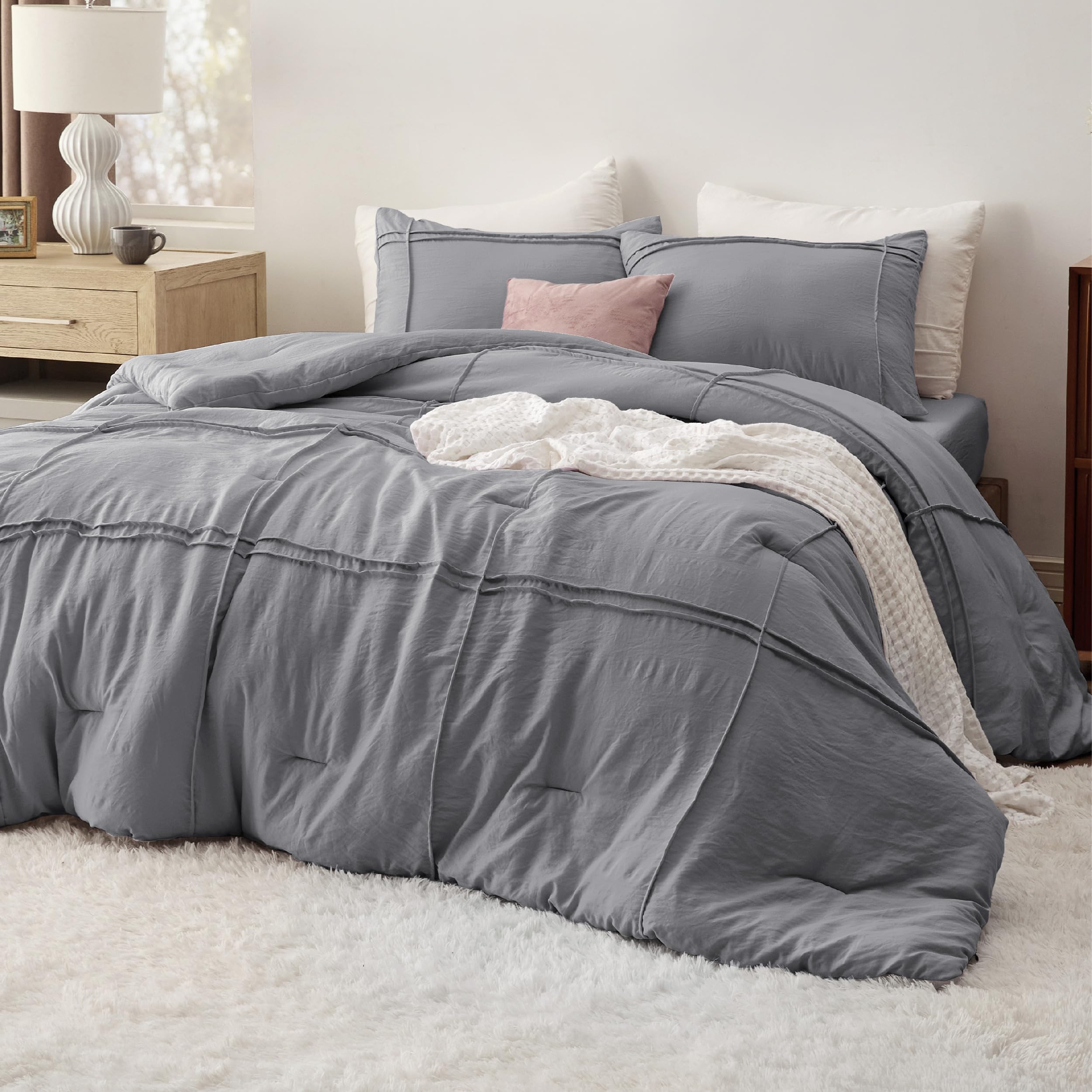 Bedsure Queen Comforter Set with Sheet - 4 Pieces Soft Grey Bedding Sets Grid Pinch Pleat All Season Lightweight Fluffy Bed Set with Solid Boho Comforter Pillowcases & Sheet