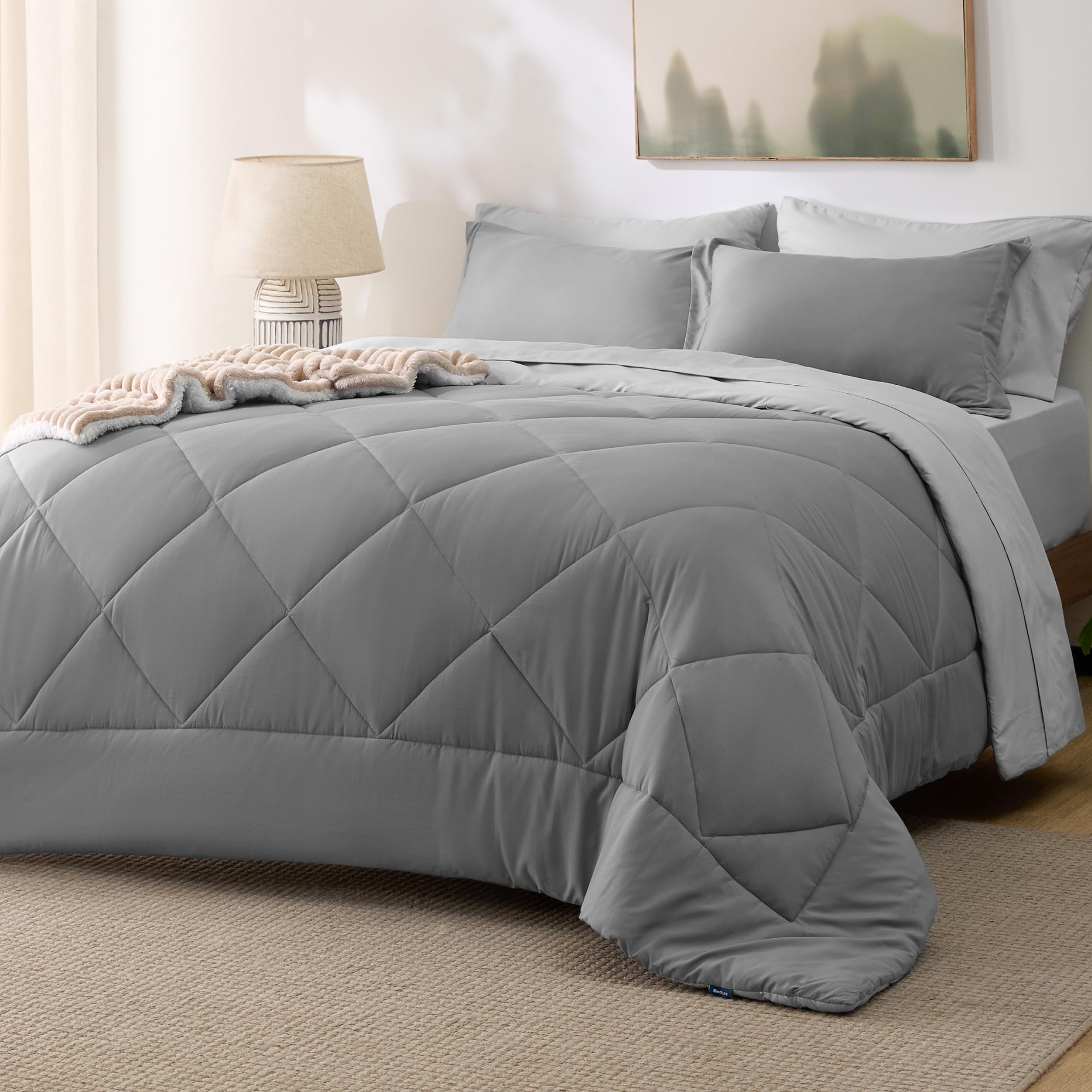 Bedsure Queen Comforter Set - 7 Pieces Reversible Comforters Queen Size Bed Set Bed in a Bag with Comforter Sheets Pillowcases & Shams Grey Bedding Sets
