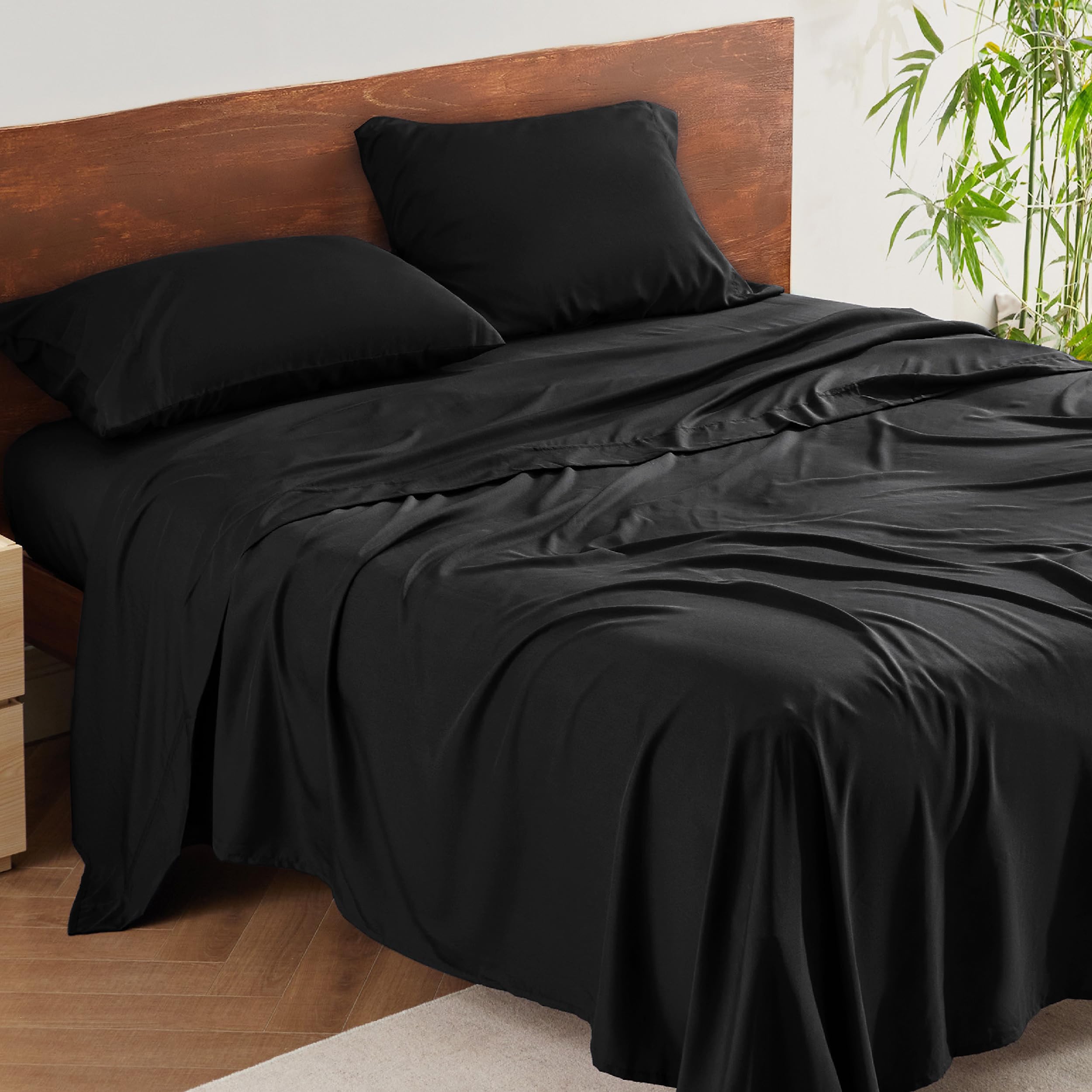 Bedsure Cooling Sheets for King Size Bed Set Polyester & Rayon Derived from Bamboo King Sheets Breathable & Wrinkle Free Silky Soft with 16 Inch Deep Pocket Bed Sheets - Light Black