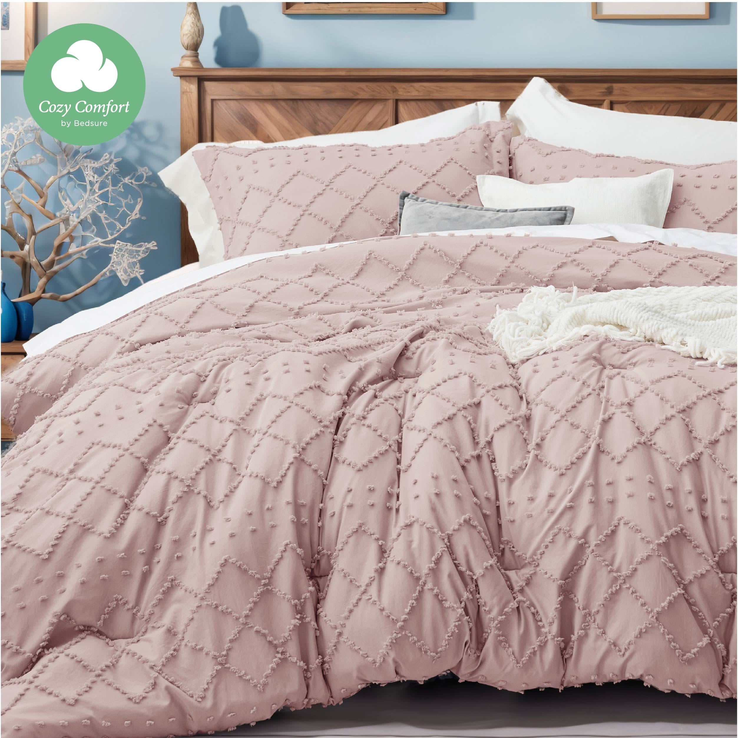 Cozy Comfort Comforter Set Boho Tufted Shabby Chic Bedding Comforter Set 3 Pieces Vintage Farmhouse Bed Set for All Seasons Soft Bedding Set with 2 Pillow Shams Queen Adobe Rose