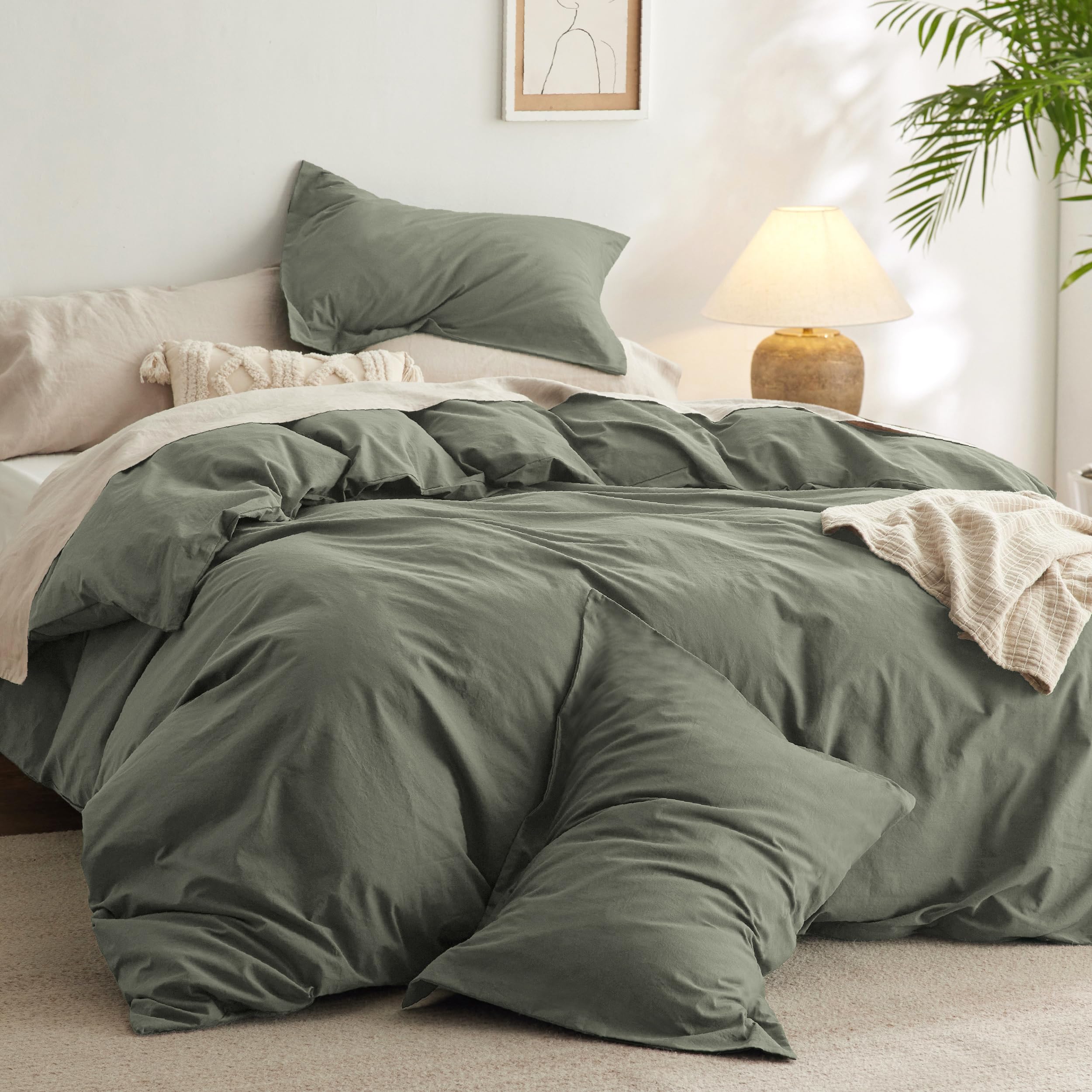 Bedsure Comforter Set Queen Size Grayish Olive Green - Cotton Fabric with Microfiber Inner Fill Queen Comforter Set for All Seasons 3 Pieces 1 Comforter 90x90 and 2 Pillow Cases 20x26