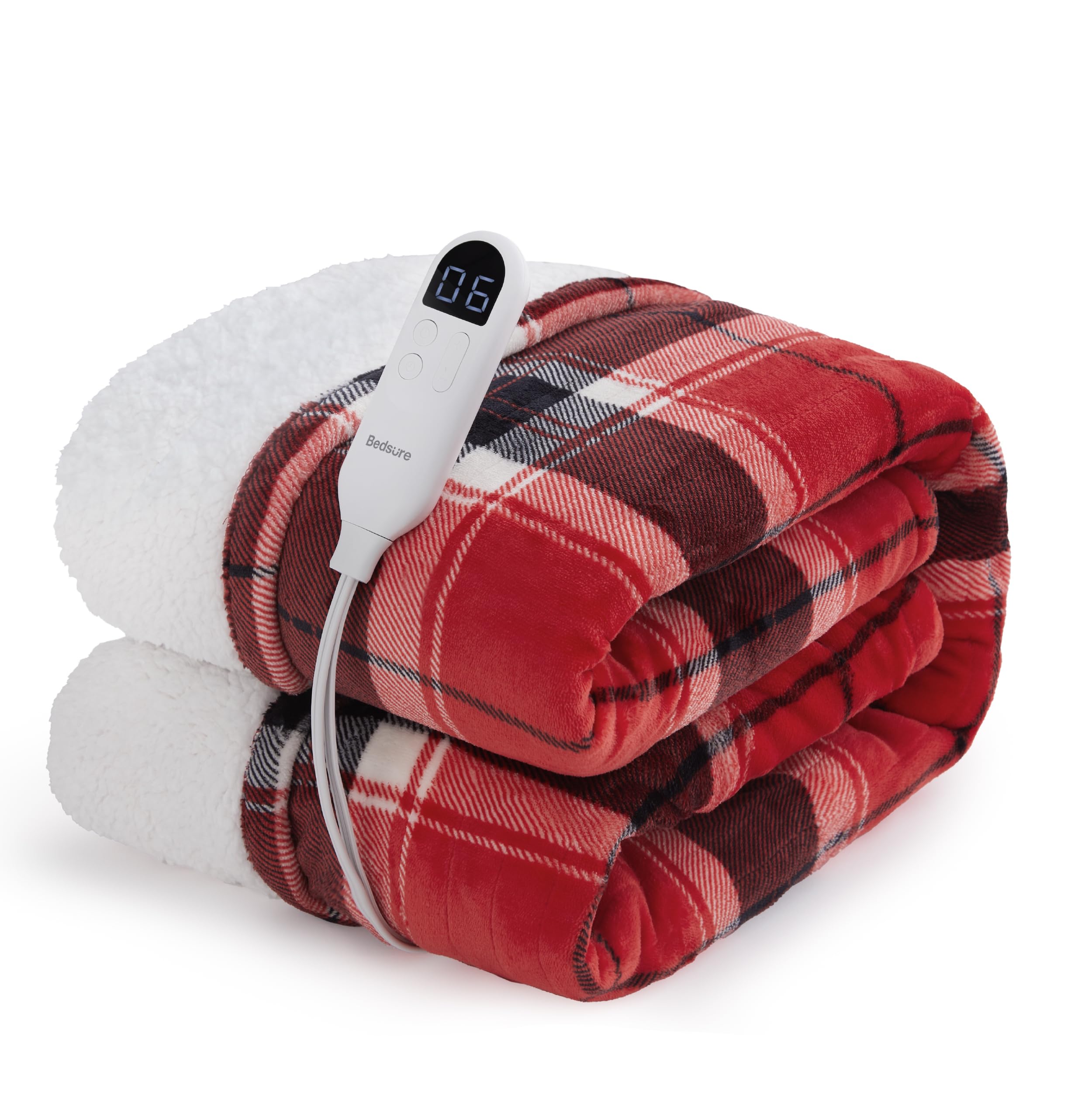Bedsure Plaid Heated Throw Blanket - Christmas Electric Blanket with Red Plaid Pattern Flannel Sherpa Heating Blanket as a Gift with 6 Heating Levels 4 Time Settings 3-Hour Auto-Off 50x60