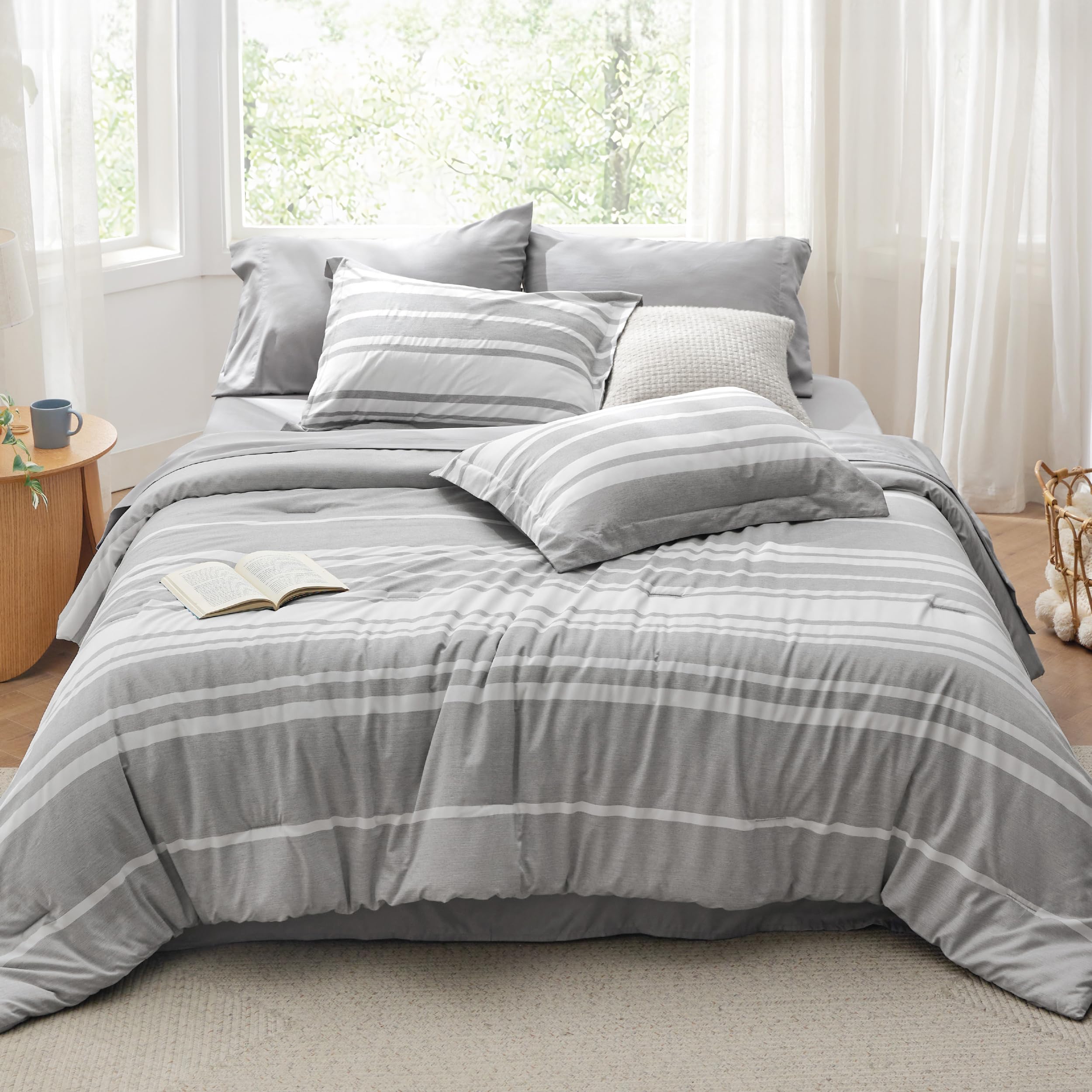 Bedsure Queen Comforter Set 7 Pieces Grey White Striped Comforter for Queen Size Bed Reversible Cationic Dyeing Bed in a Bag with Comforter Sheets Pillowcases & Shams