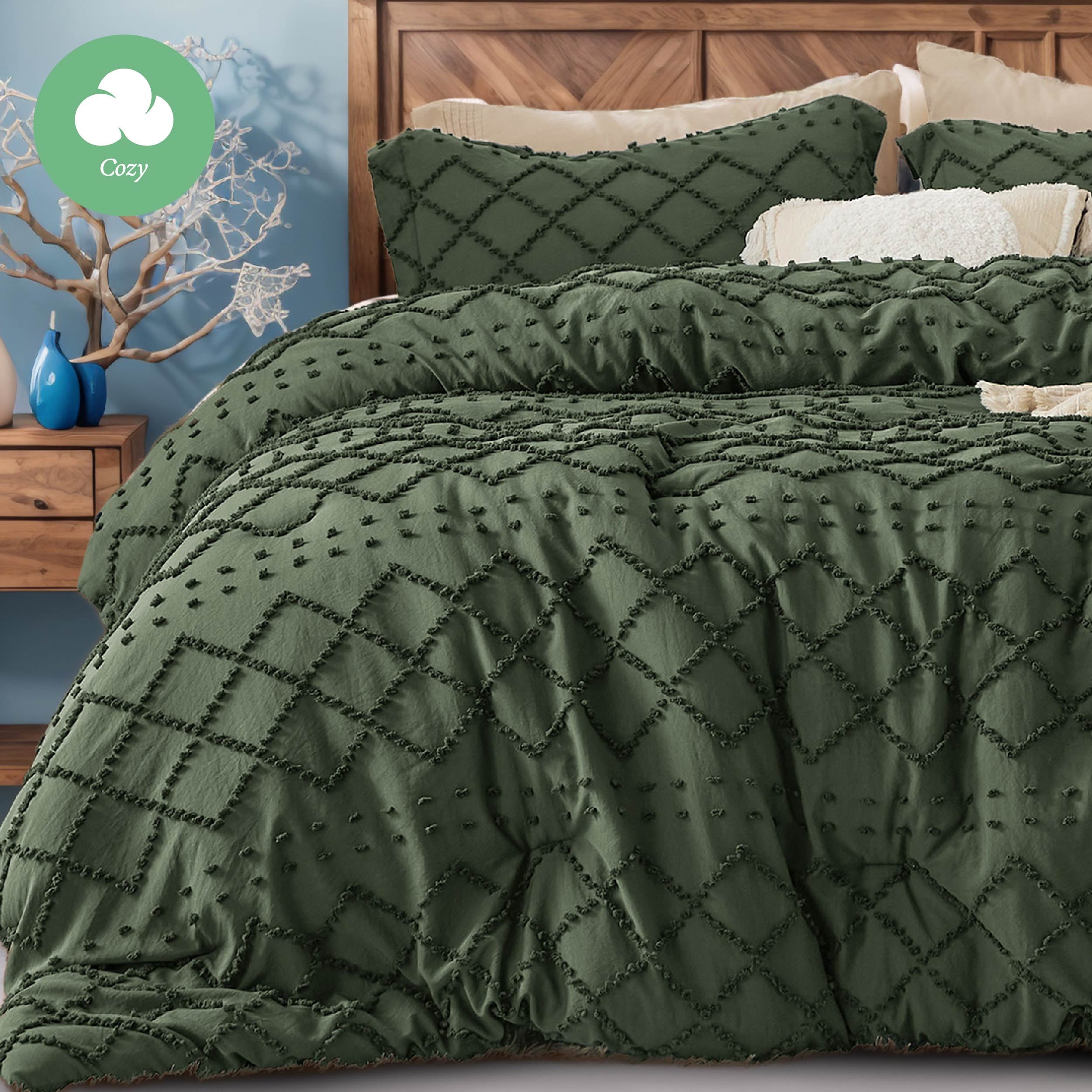 Cozy Comfort Comforter Set Boho Tufted Shabby Chic Bedding Comforter Set 2 Pieces Vintage Farmhouse Bed Set for All Seasons Soft Bedding Set with 1 Pillow Sham Twin Bronze Green