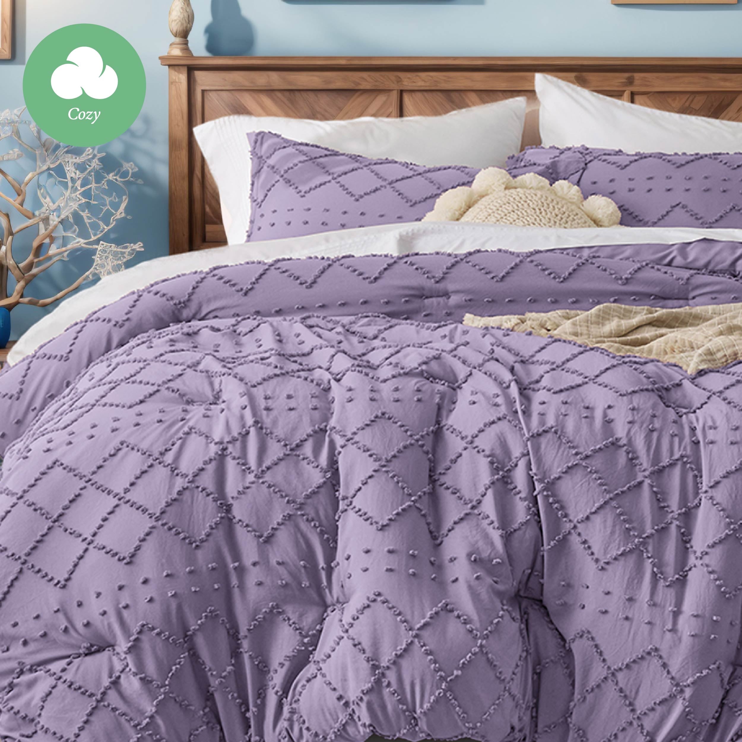 Cozy Comfort Comforter Set Boho Tufted Shabby Chic Bedding Comforter Set 3 Pieces Vintage Farmhouse Bed Set for All Seasons Soft Bedding Set with 2 Pillow Shams Full Grayish Purple