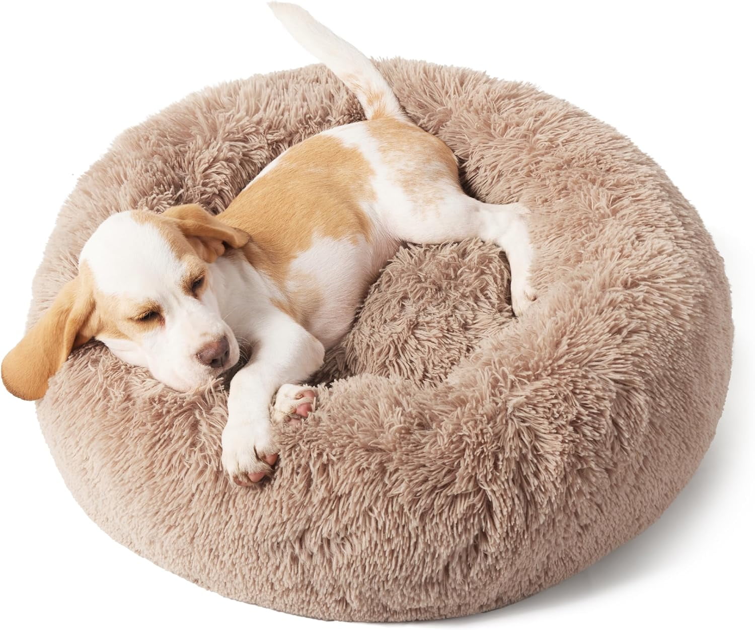 Cozy Comfort Calming Dog Bed for Small Dogs - Donut Washable Small Pet Bed, 23 inches Anti-Slip Round Fluffy Plush Faux Fur Large Cat Bed, Fits up to 25 lbs Pets, Camel