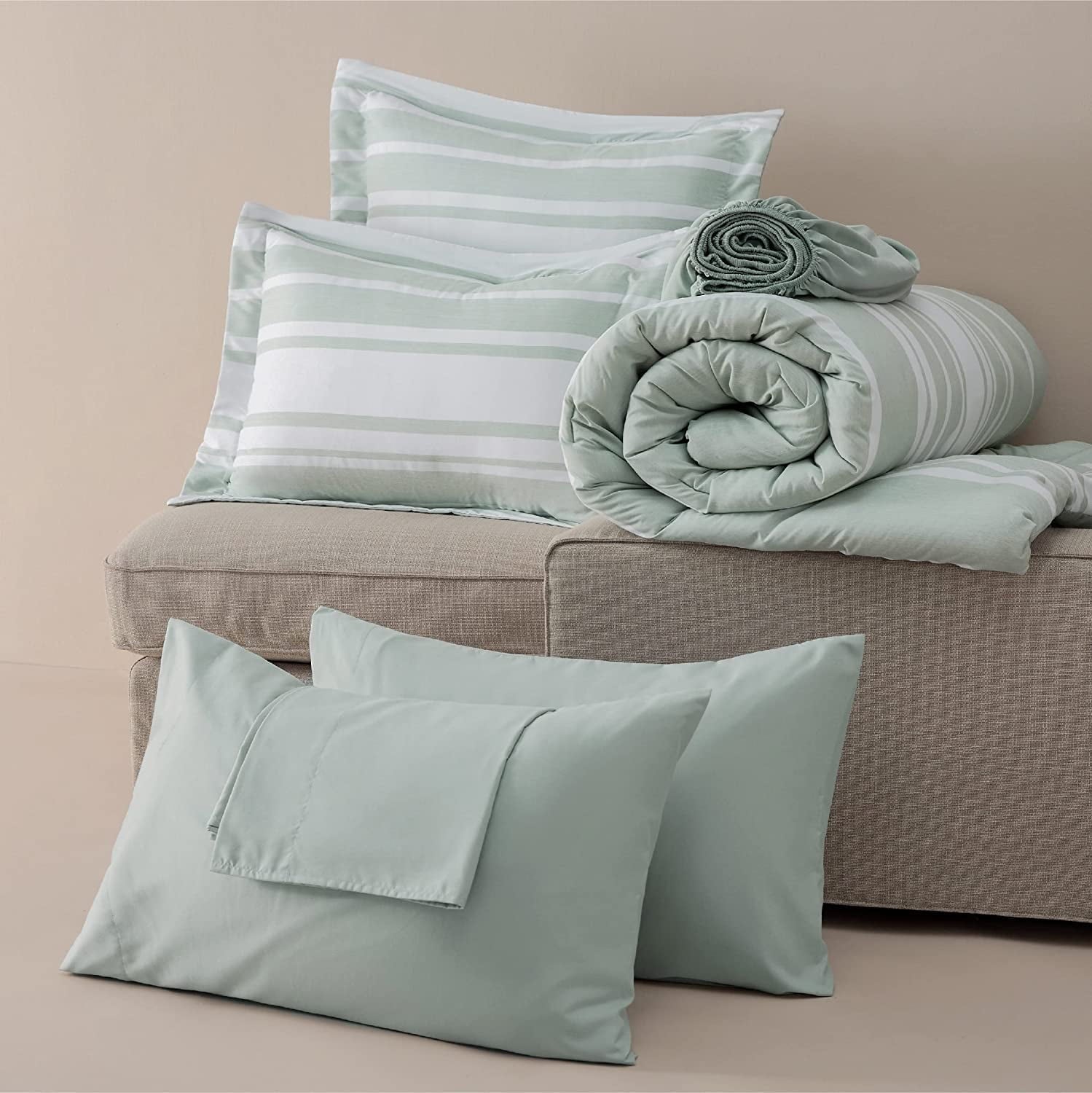 U by Bedsure Bed in a Bag Queen Size 7 Pieces Sage Green White Striped Bedding Comforter Sets All Season Bed Set 2 Pillow Shams Flat Sheet Fitted Sheet and 2 Pillowcases