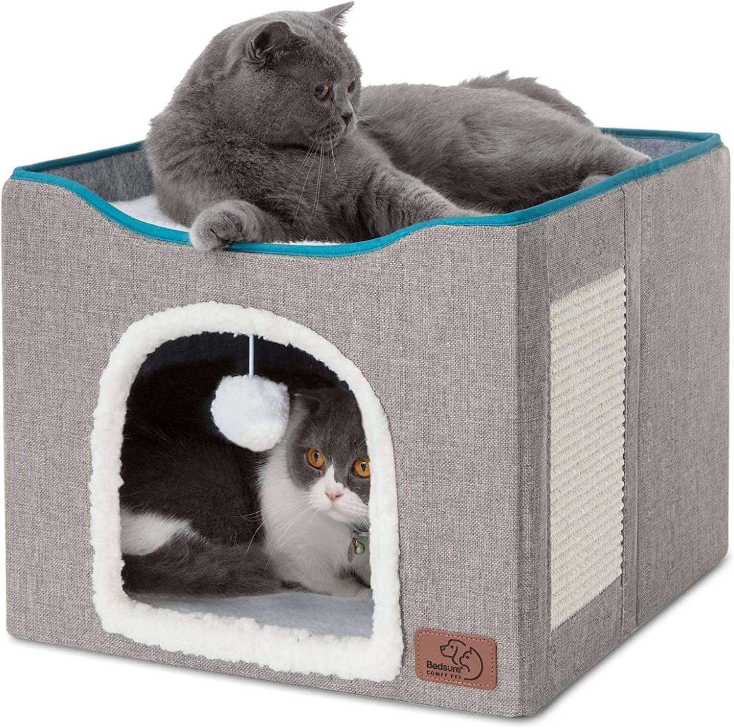 Cozy Comfort Cat Beds for Indoor Cats - Large Cat Cave for Pet Cat House with Fluffy Ball Hanging and Scratch Pad, Foldable Cat Hideaway,16.5x16.5x13 inches, Grey