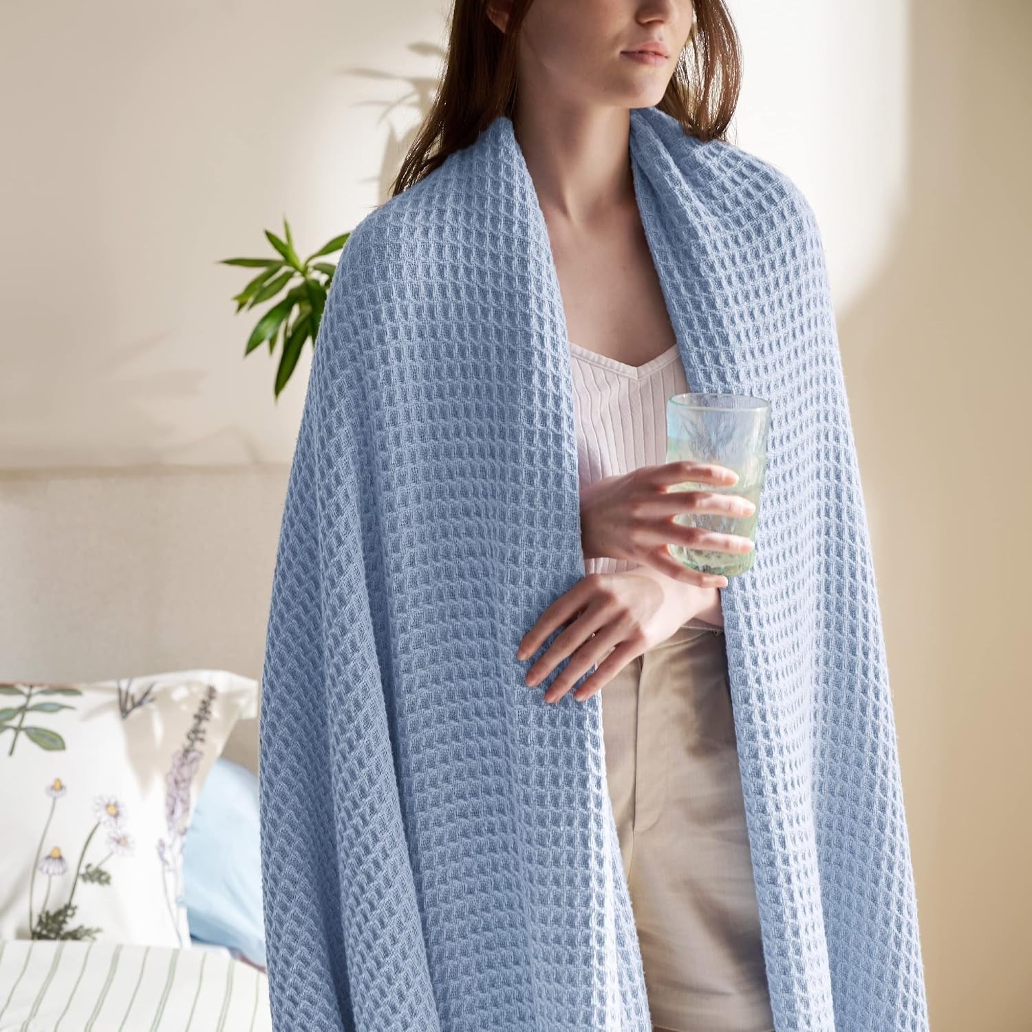 Cozy Comfort 100% Cotton Blankets Queen Blue - Waffle Weave Blankets for All Seasons, 90x90 inches