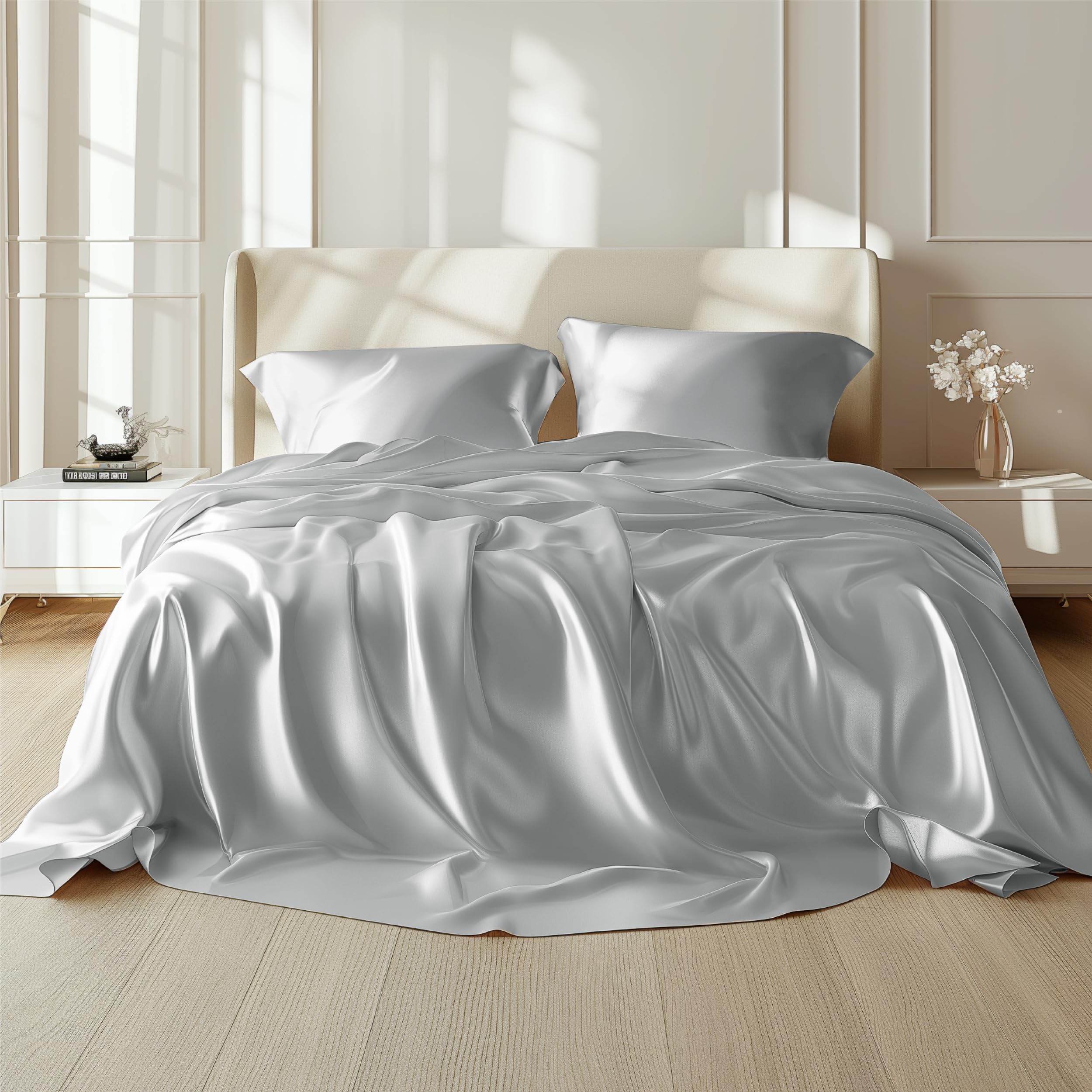 Bedsure Satin Sheets - Soft Satin Bed Sheets Queen Set 4 Pcs Luxury Silky Sheets Similar to Silk Sheets Silver Grey Satin Sheets Queen Size for Hair and Skin Gifts for Women