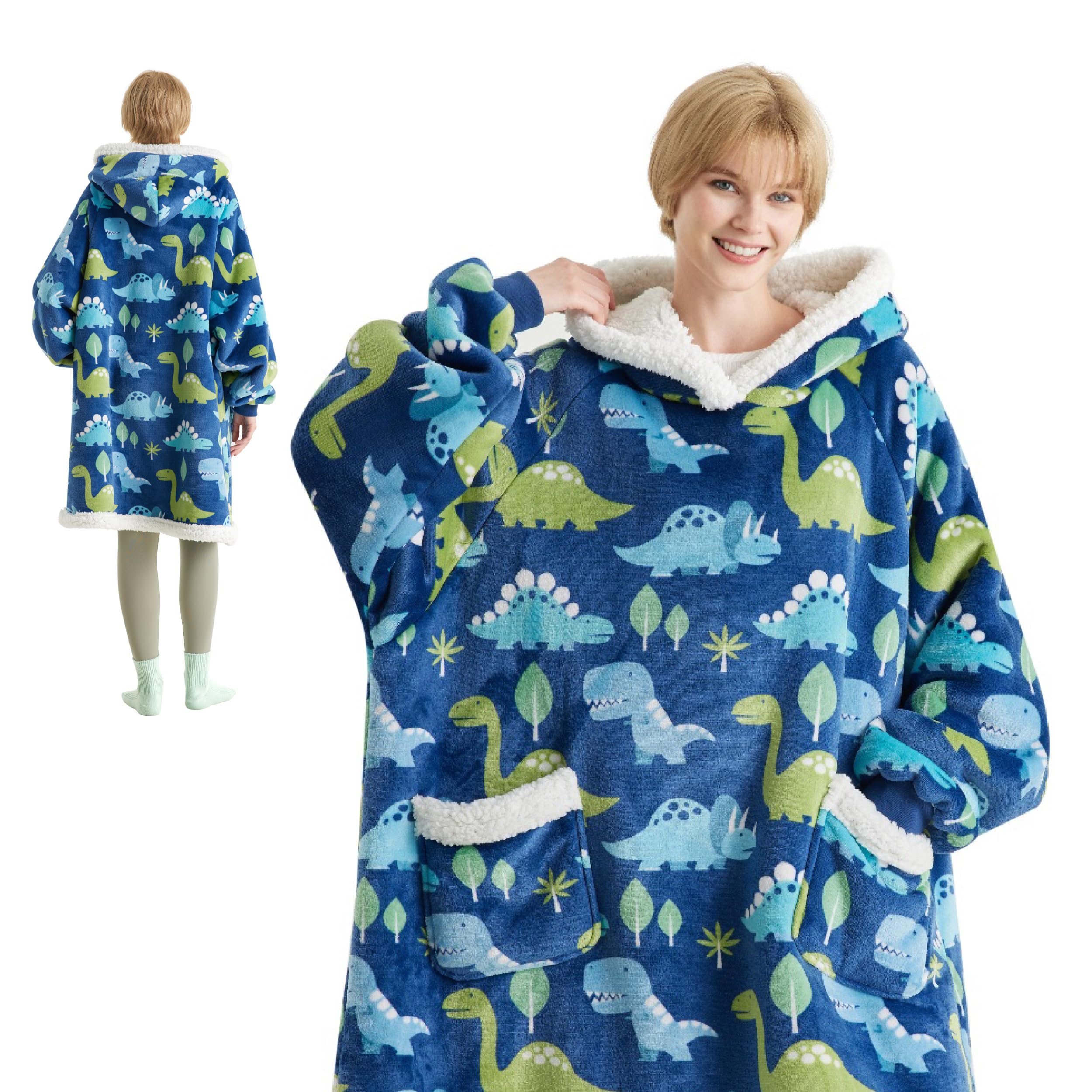 Bedsure Wearable Blanket Hoodie Dinosaur Blanket Hoodies for Women Sherpa Hoodie as Gifts for Mom Girlfriend Hooded Blanket - Blue Dinosaur