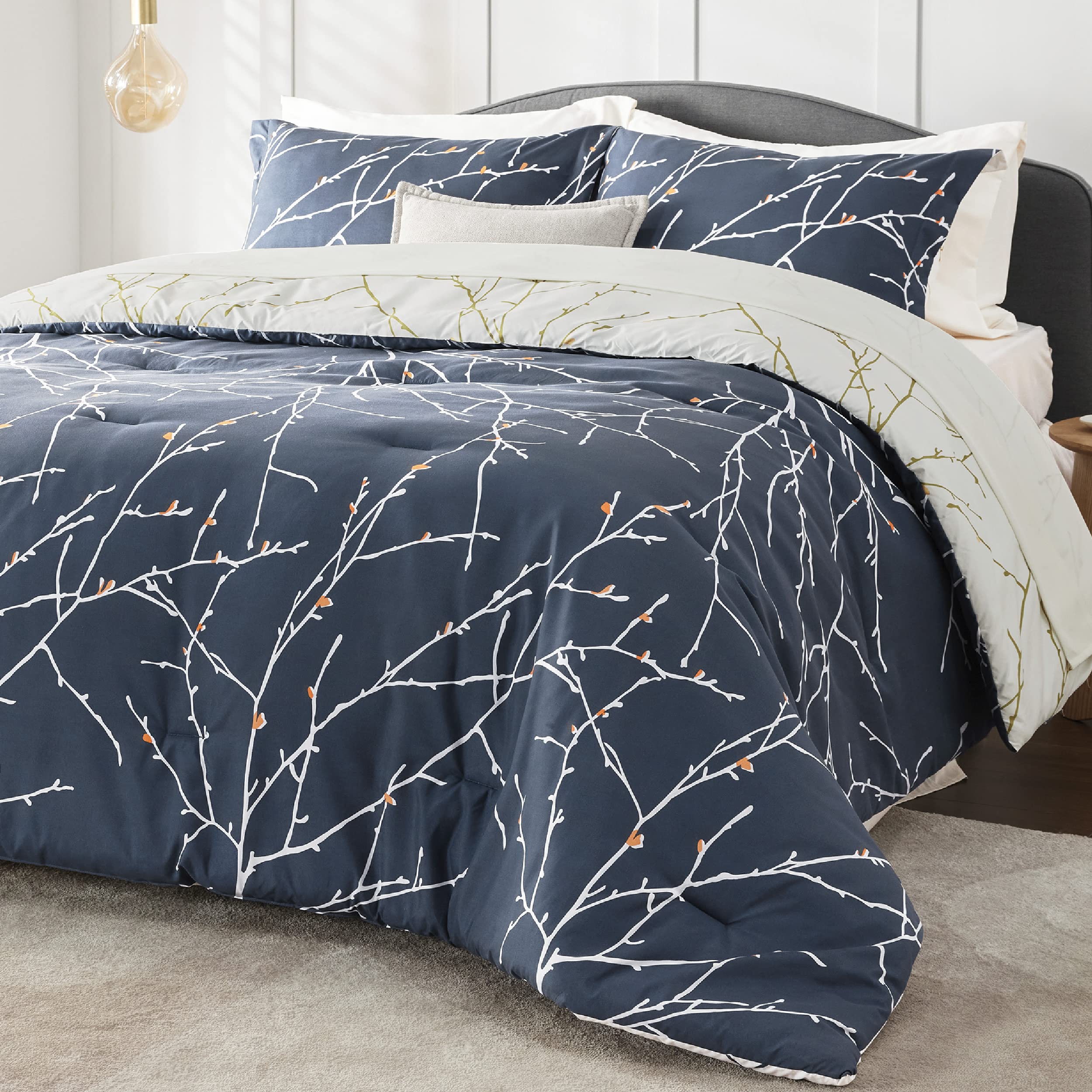 Bedsure Full Size Comforter Sets - Bed in a Bag Full 7 Pieces Reversible Navy Blue Flroal Bed Set Tree Branch Pattern Printed with Comforters Sheets Pillowcases & Shams