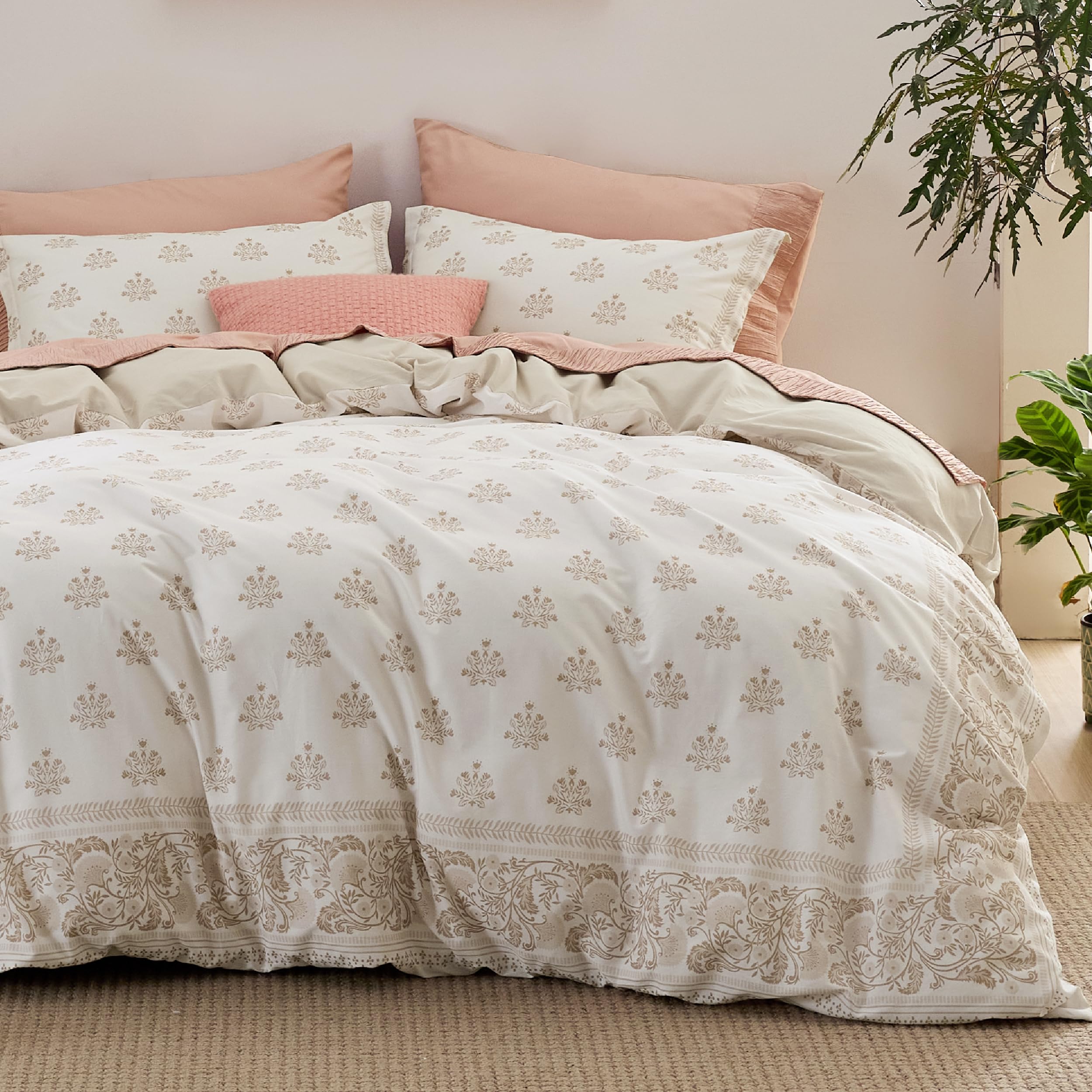 Bedsure Duvet Cover King Size - 100% Cotton Boho Flower Beige Duvet Cover Set with Zipper Reversible Floral Bedding Comforter Cover 3 Pieces 1 Soft Duvet Cover 104x90 and 2 Pillow Shams 20x36