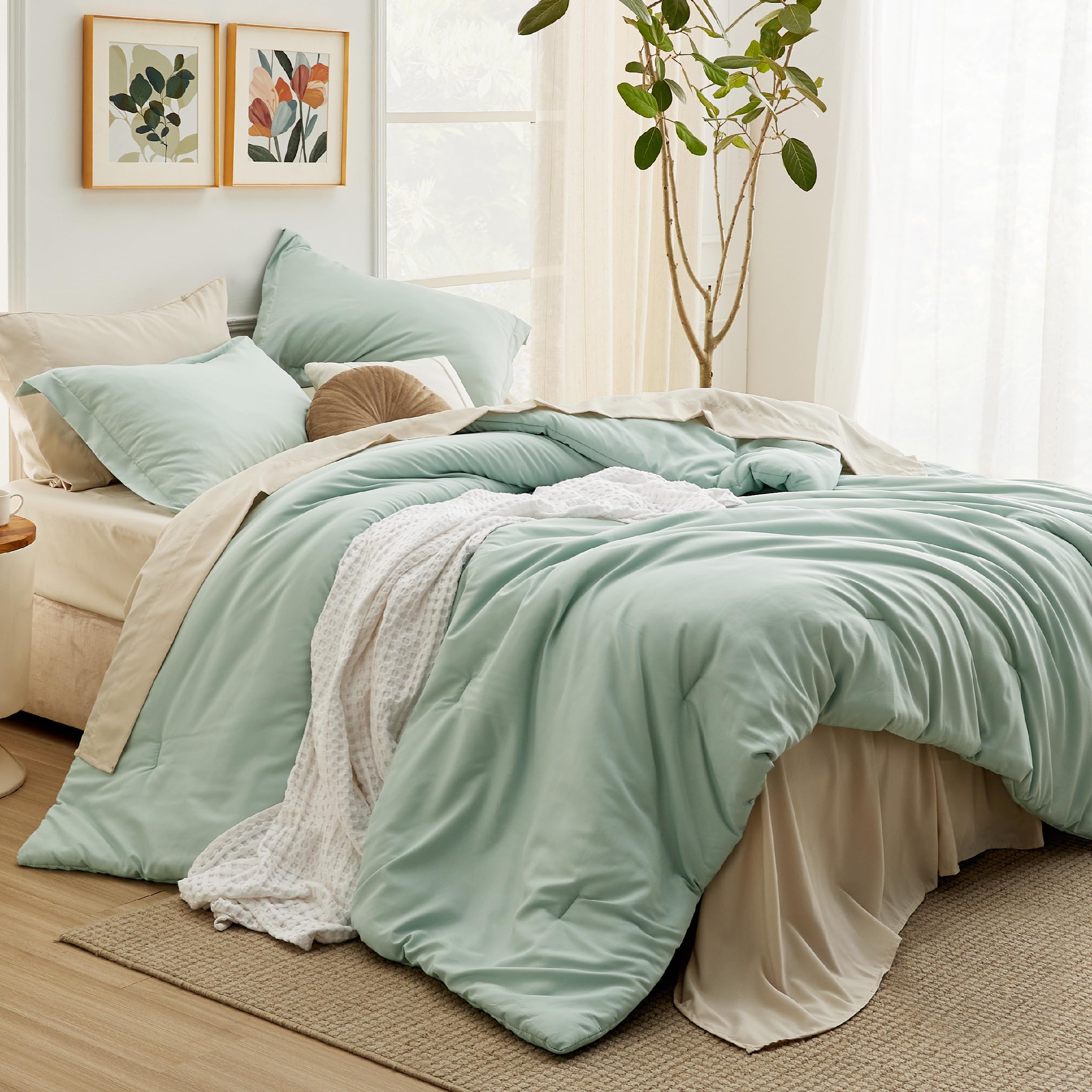 Bedsure Queen Comforter Set Sage Green 7 Pieces Soft Queen Bedding Set with Comforter Sheets Pillowcases & Shams All Season Boho Bed in a Bag Queen Contrasting Design