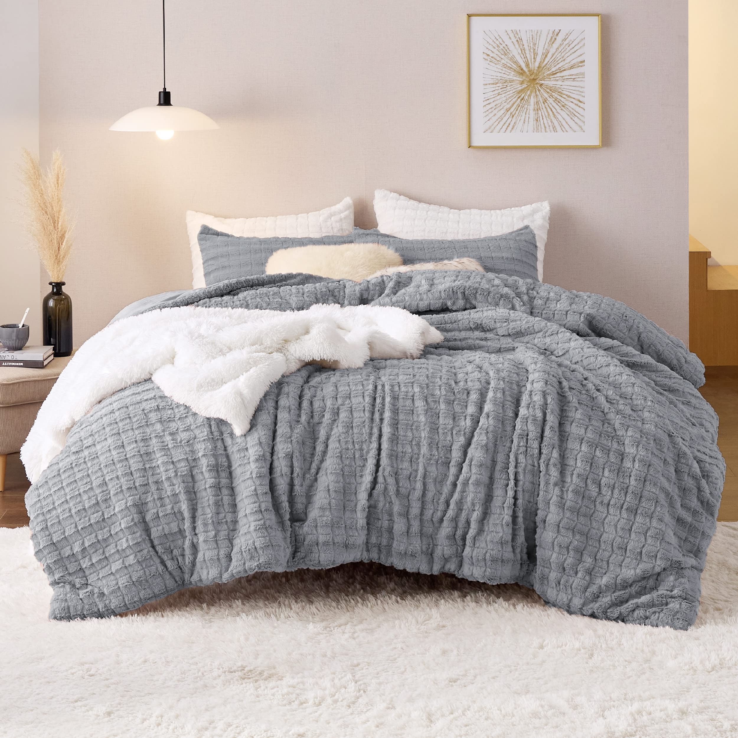 Bedsure Fluffy Comforter Set Queen - Ultra Soft Faux Fur Comforter Grey Winter Warm Fuzzy Bedding Set Luxury Plush Bed Set 3pcs 1 Shaggy Comforter + 2 Pillowcases