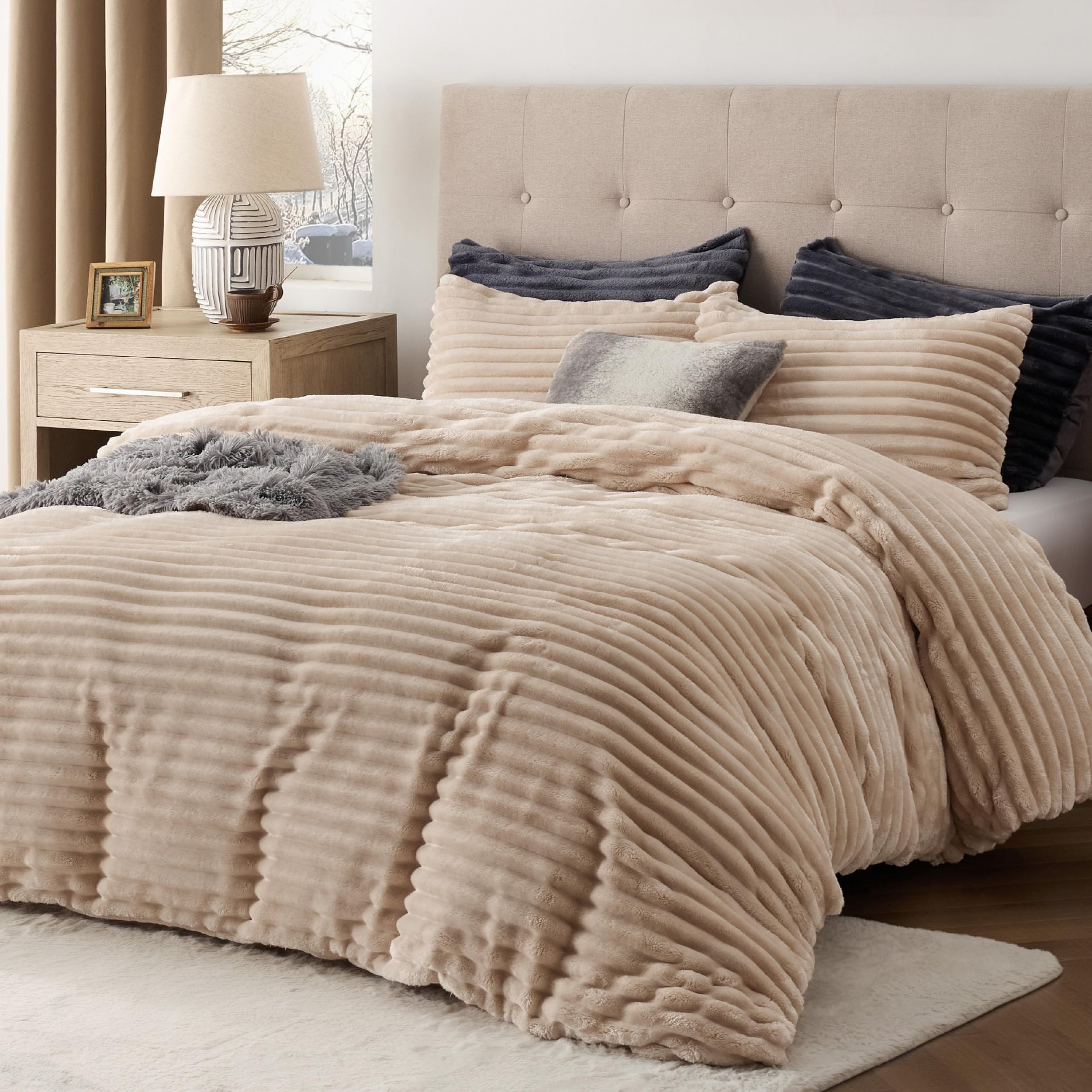 Bedsure Fluffy Duvet Cover Set - Ultra Soft Plush Shaggy Comforter Cover King Size Warm Flannel Fleece Bed Sets for Winter 3 Pieces 1 Duvet Cover & 2 Pillowcases Striped Pattern Taupe