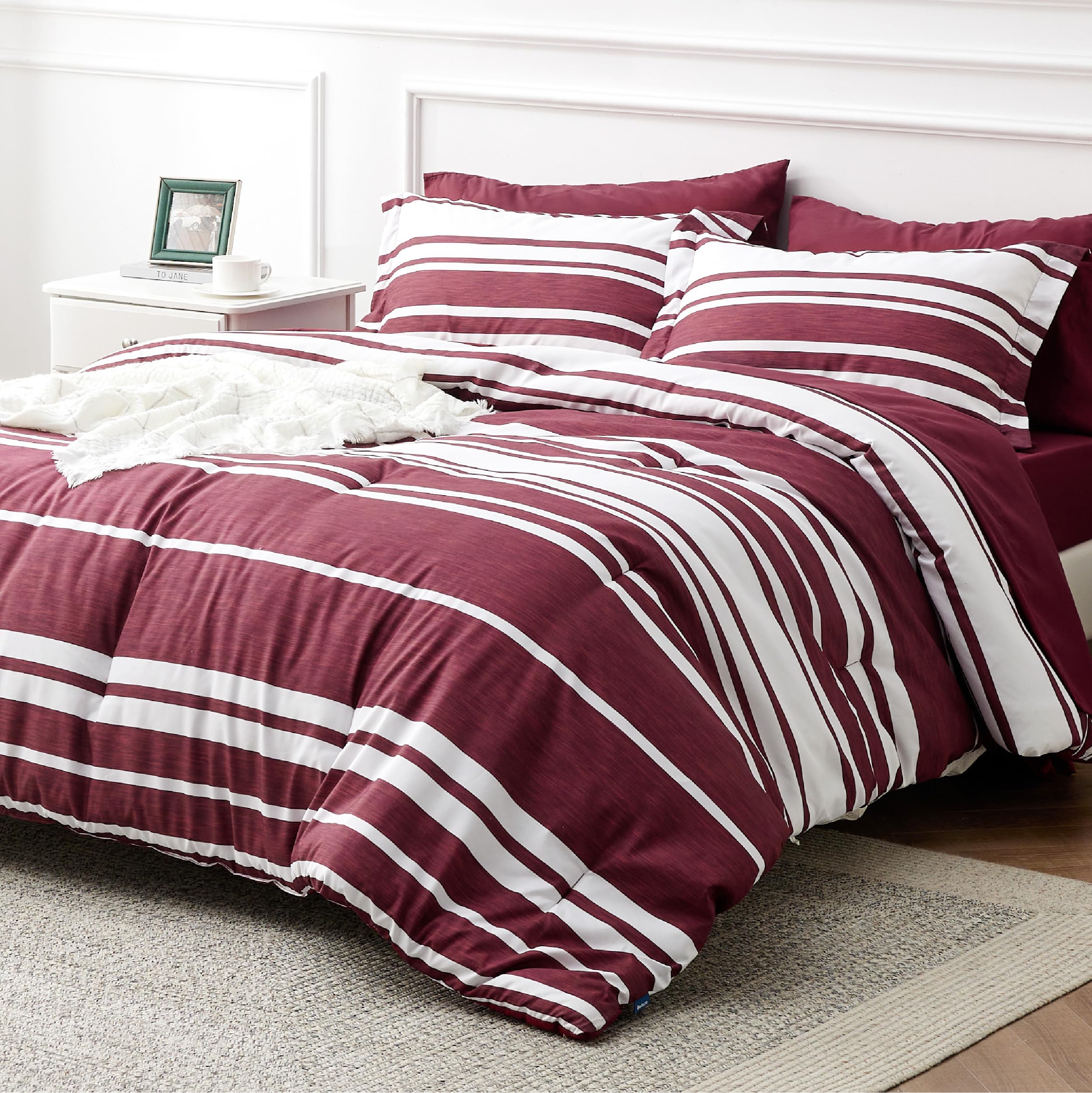 Cozy Comfort Bed In A Bag Queen Size 7 Piece Burgundy White Striped Bedding Comforter Sets All Season Bed Set 2 Pillow Shams Flat Sheet Fitted Sheet And 2 Pillowcases
